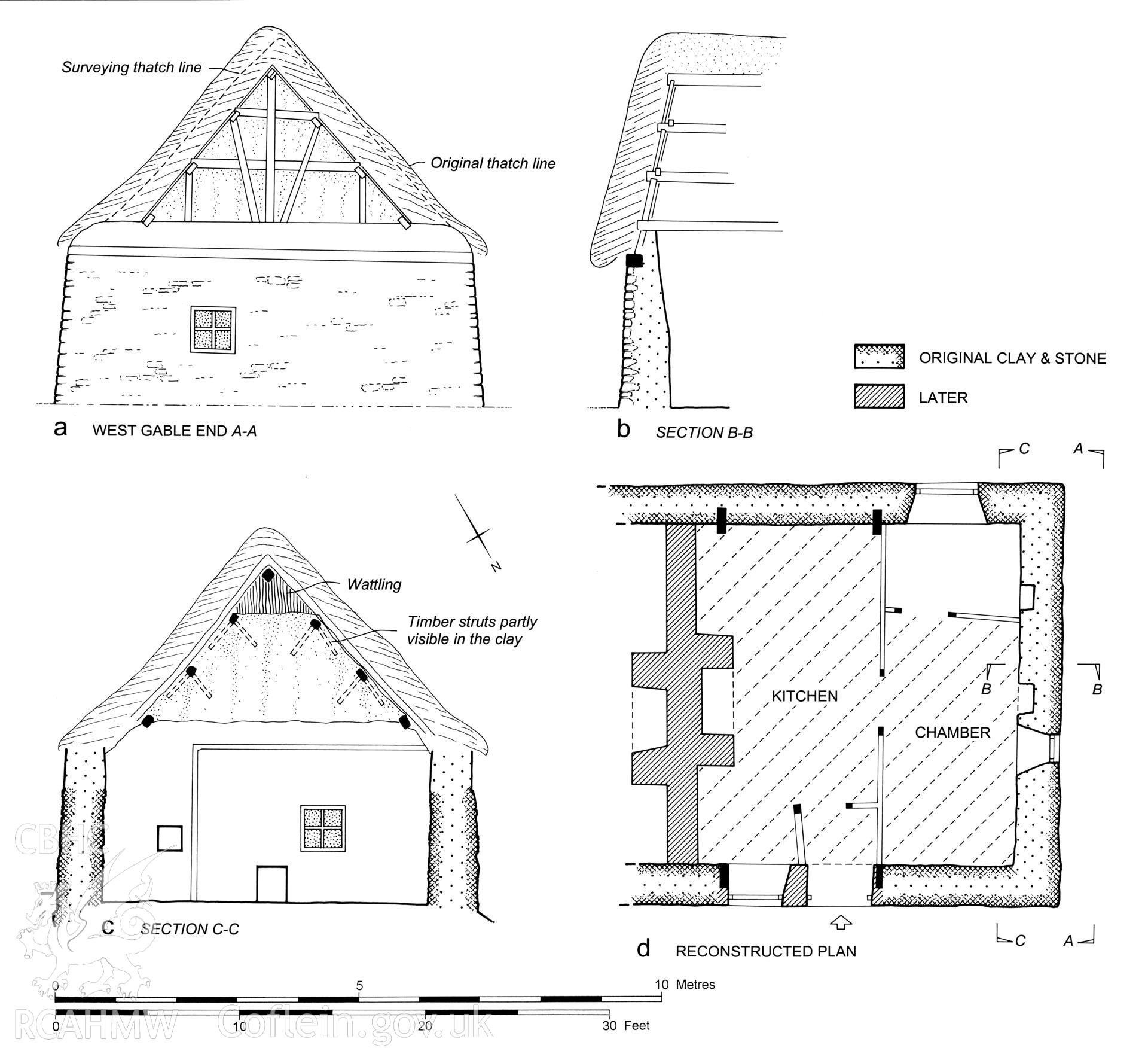 Cwm-y-mynydd Fach, Llansadwrn; measured drawing comprising reconstructed plan, elevation and section views produced by C.W. Green, RCAHMW, 2008.