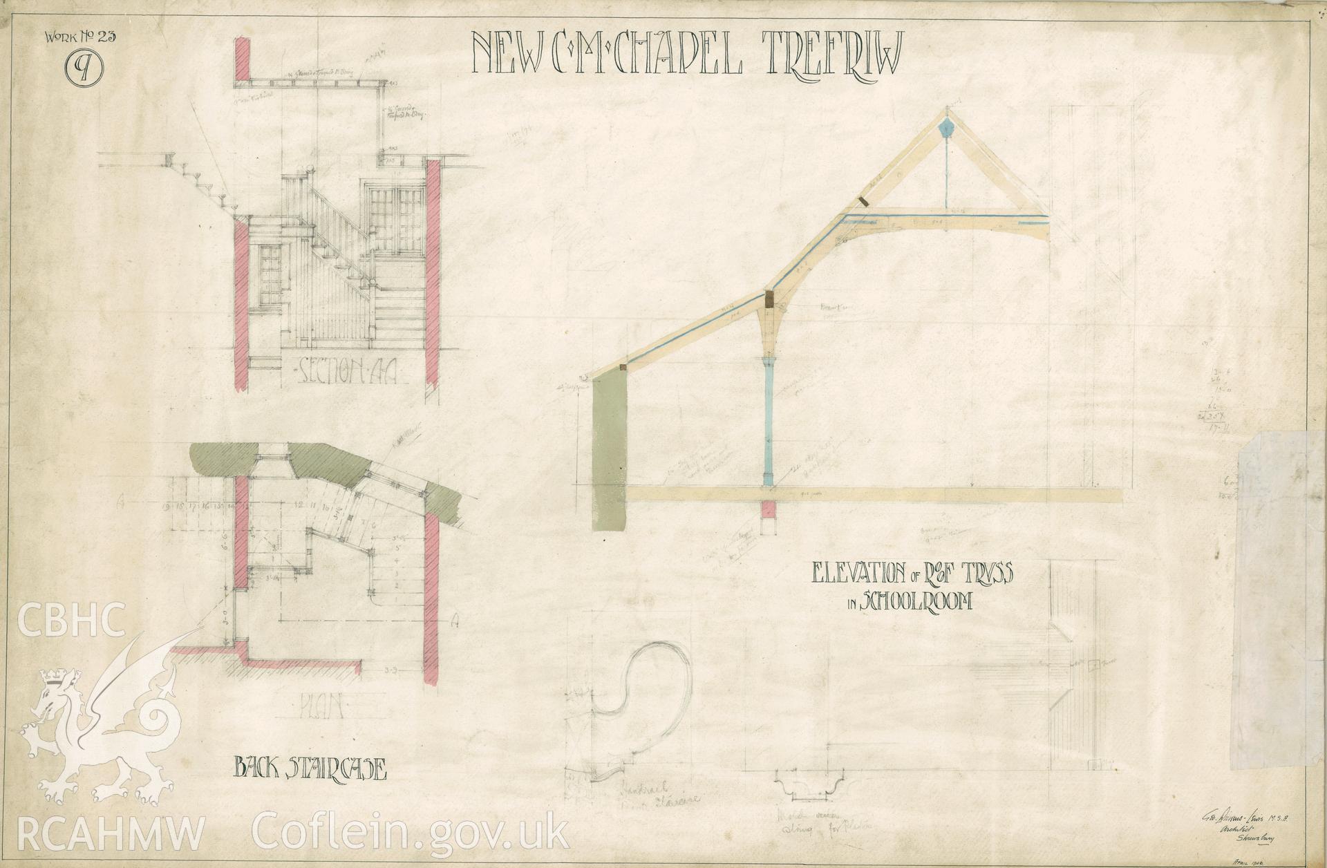 Digitized copy of a 1906 coloured drawing showing plan and section of the staircase and elevation view of the roof in the schoolroom at Peniel Chapel, Trefriw produced by G. Dickens-Lewis, architect of Shrewsbury.