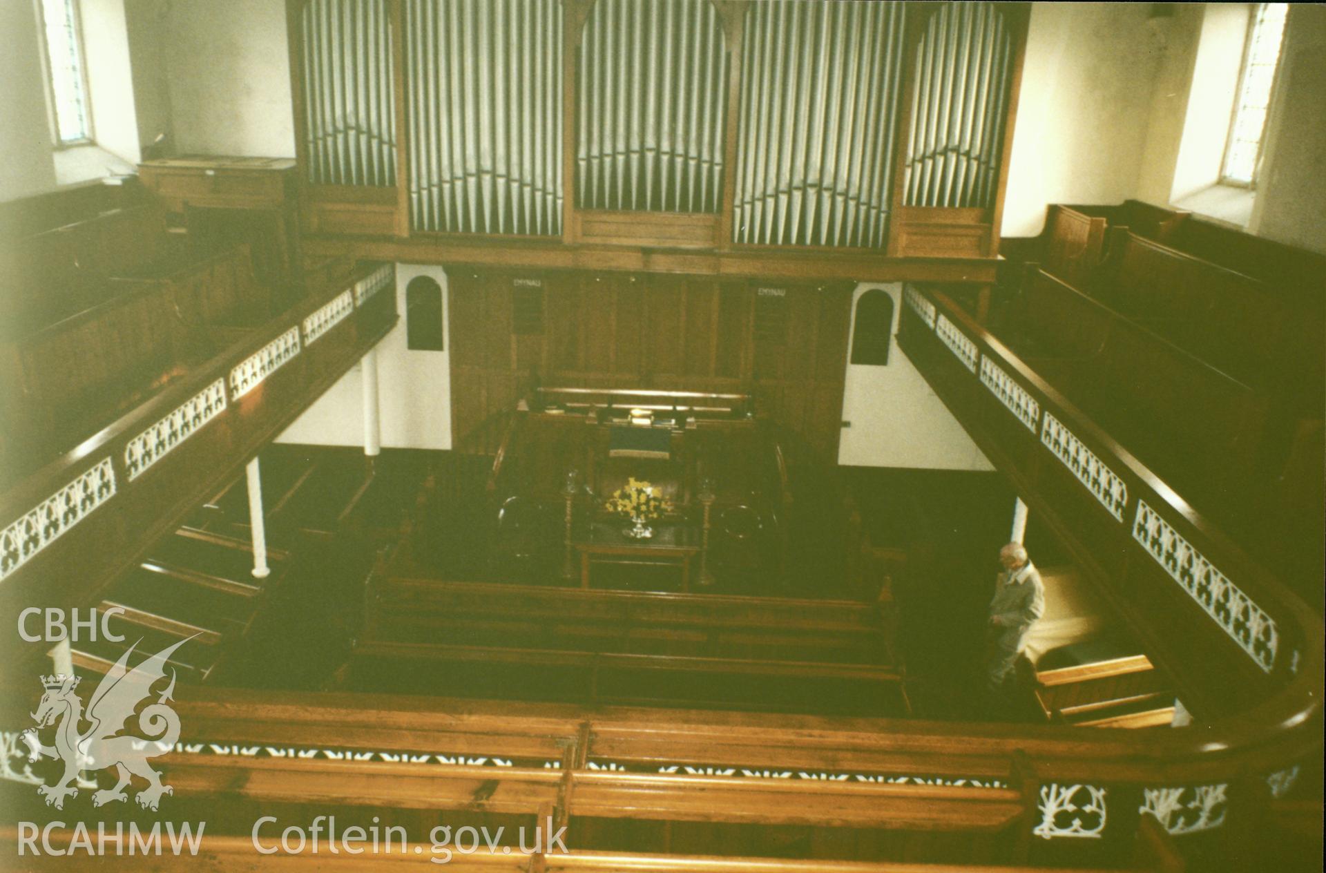Digital copy of a colour photograph showing an interior view of Welsh Independent Chapel, Priory Street, Carmarthen, taken by Robert Scourfield, undated.