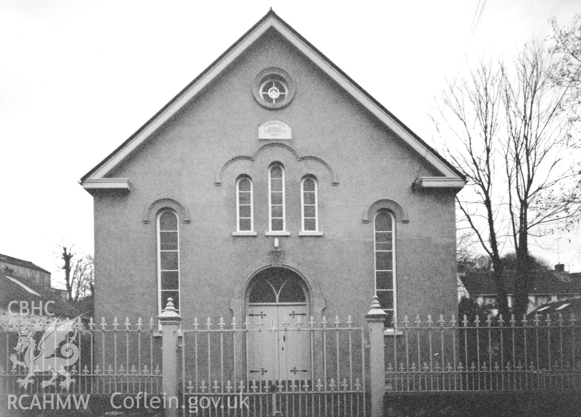 Digital copy of a black and white photograph showing an exterior view of Tabernacle Welsh Baptist Chapel, Moylegrove, taken by Robert Scourfield, c.1996.