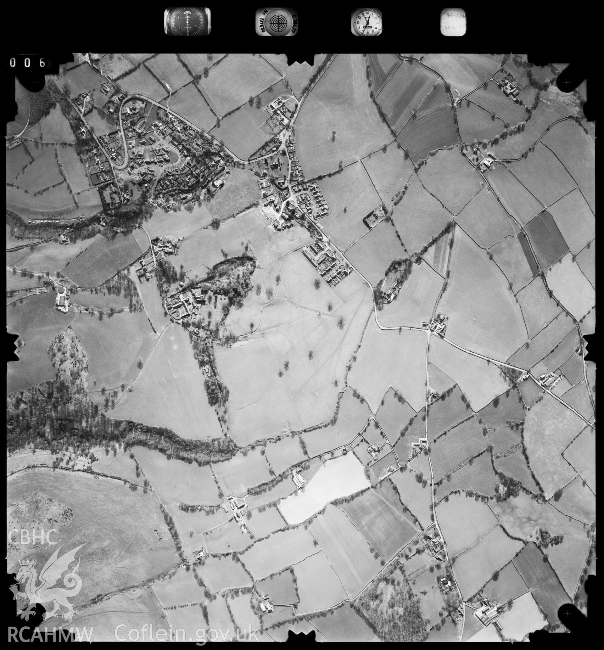 Digitized copy of an aerial photograph showing the Llanbedr Dyffryn Clwyd area taken by Ordnance Survey, 1993.