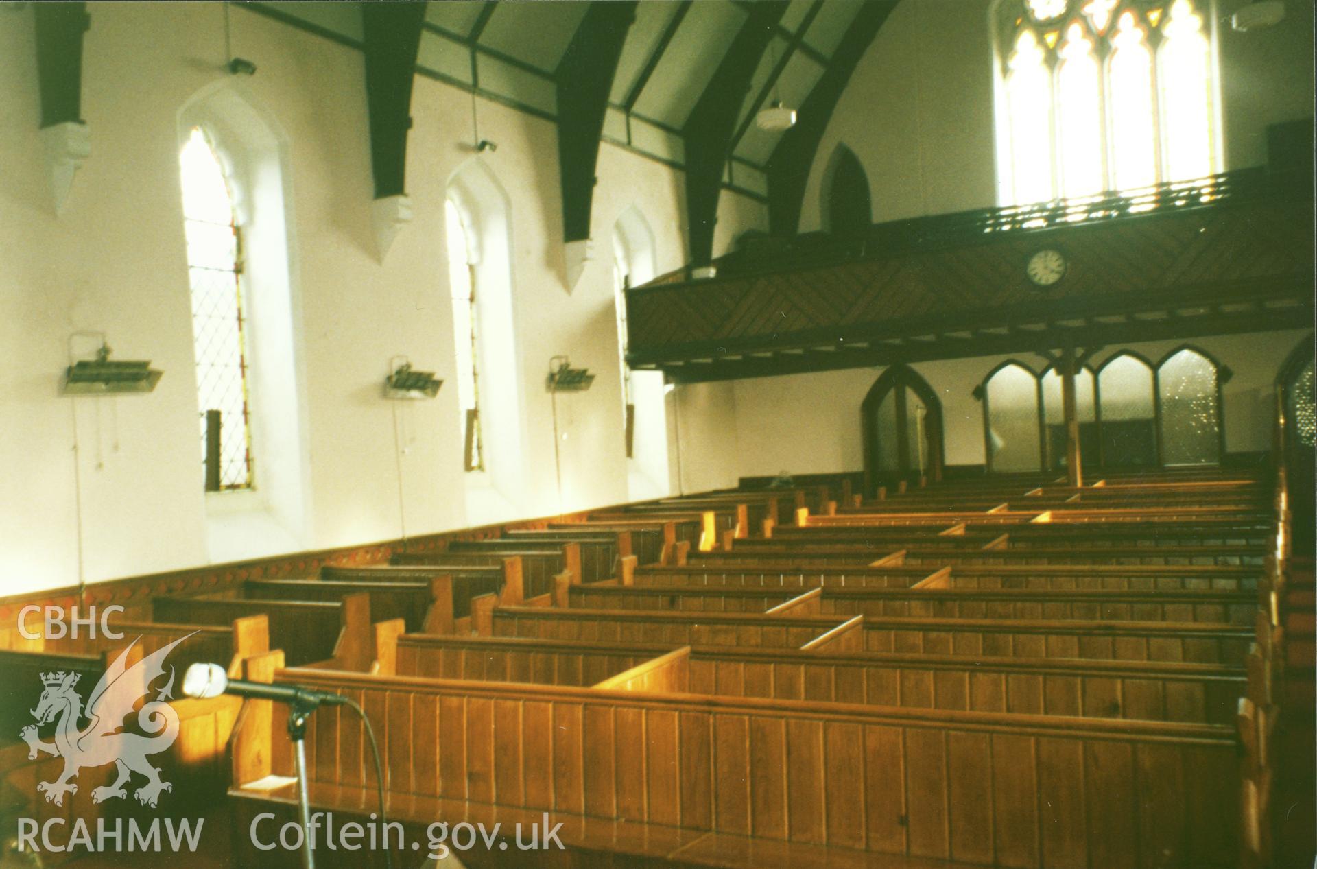 Digital copy of a colour photograph showing an interior view of the English Congregational Church, Lammas Street, Carmarthen,  taken by Robert Scourfield, c.1996.