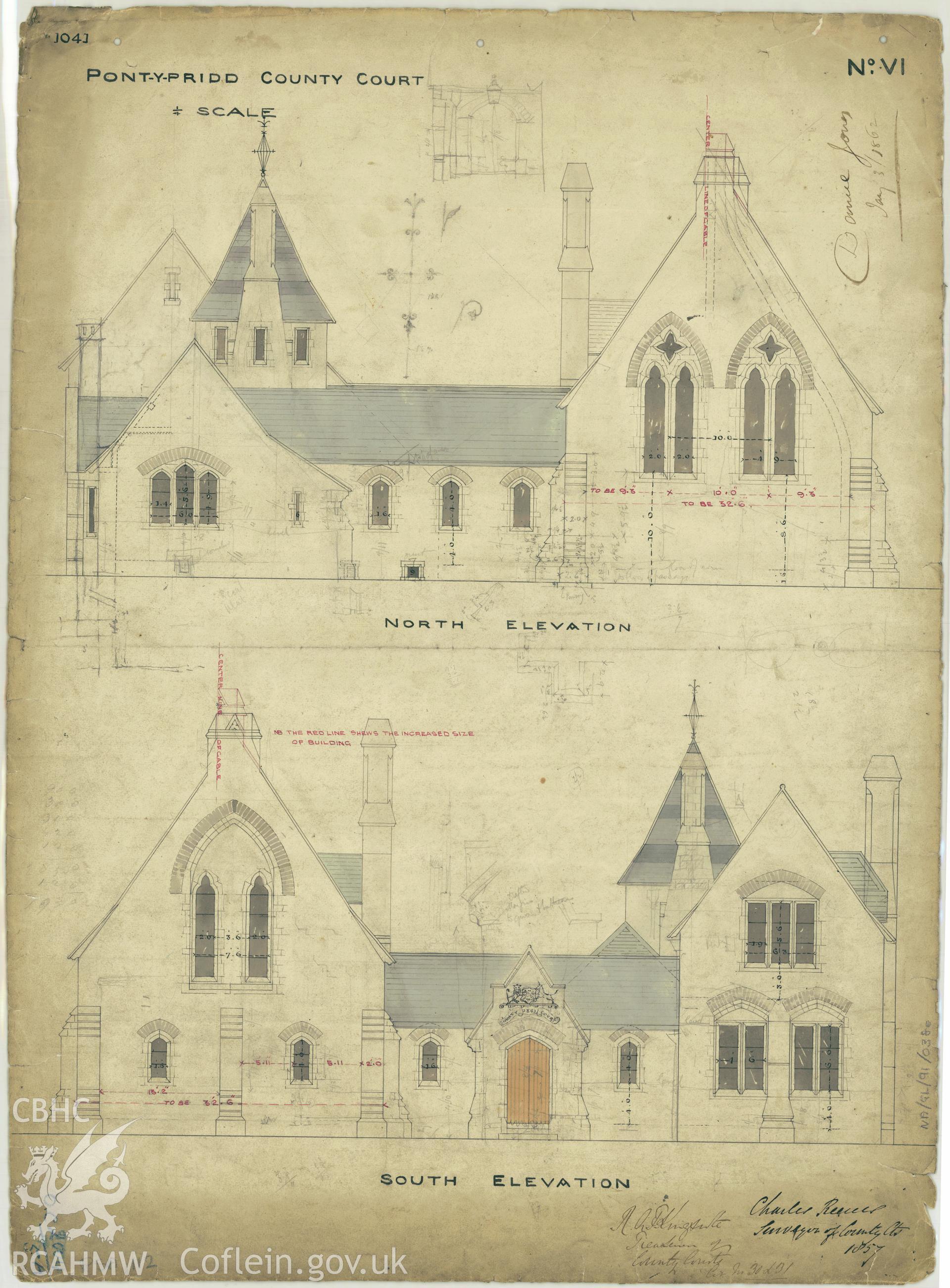 Court House, Pontypridd;  measured drawing showing north and south elevation views, produced by Charles Reeves for H.M. Office of Works, 1857.