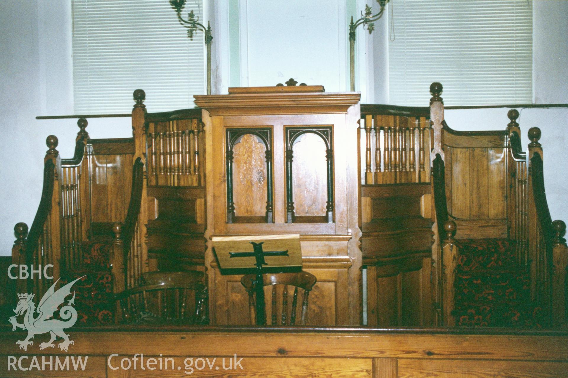 Digital copy of a colour photograph showing an interior view of Ty'ngwndwn Welsh Independent Chapel, Felin-fach, taken by Robert Scourfield, c.1996.