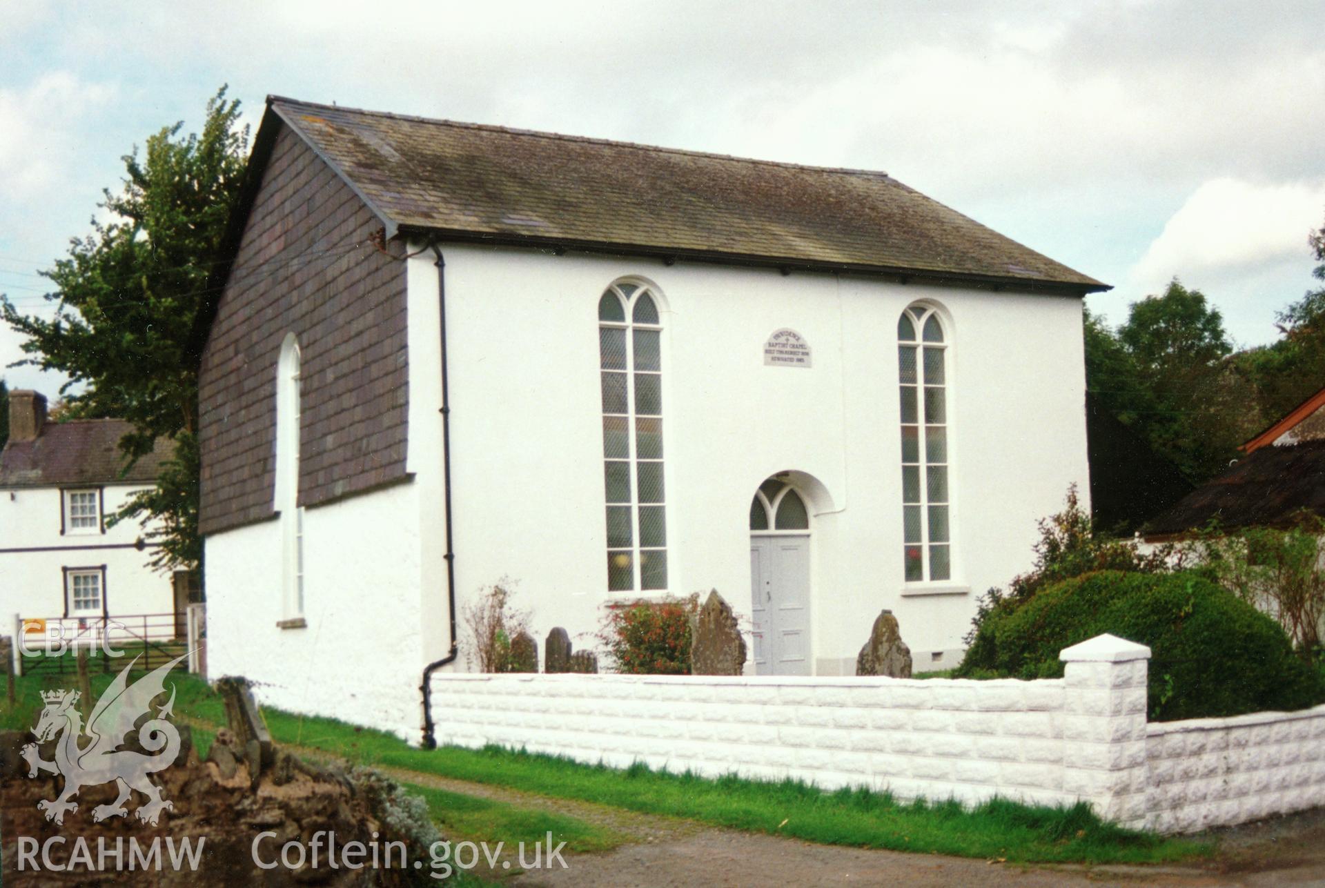 Digital copy of a colour photograph showing an exterior view of Providence Welsh Baptist Chapel, Cwmdu,  taken by Robert Scourfield, c.1996.