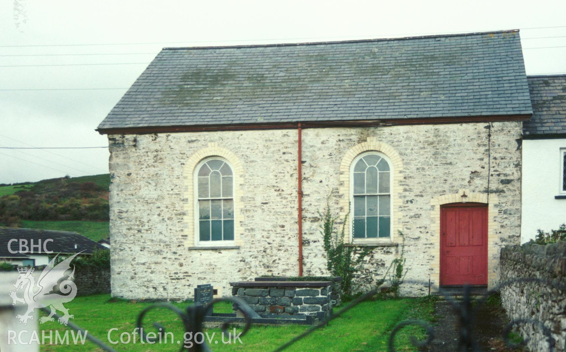 Digital copy of a colour photograph showing an exterior view of Salem Baptist Chapel. Llanrhystud, taken by Robert Scourfield, c.1996.