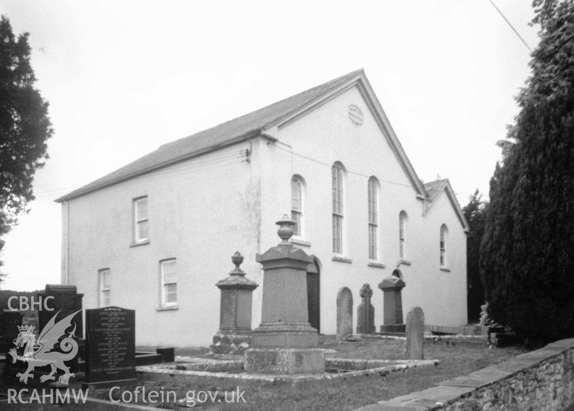 Digital copy of a black and white photograph showing an exterior view of Bethania Chapel, Myddfai, taken by Robert Scourfield, 1996.