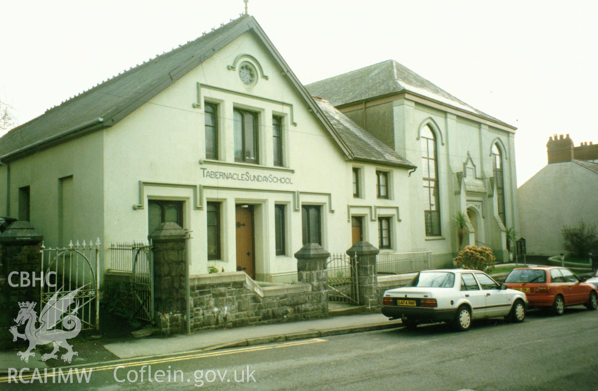 Digital copy of a colour photograph showing an exterior view of the Tabernacle Welsh Baptist Church, Carmarthen, taken by Robert Scourfield, c.1996.