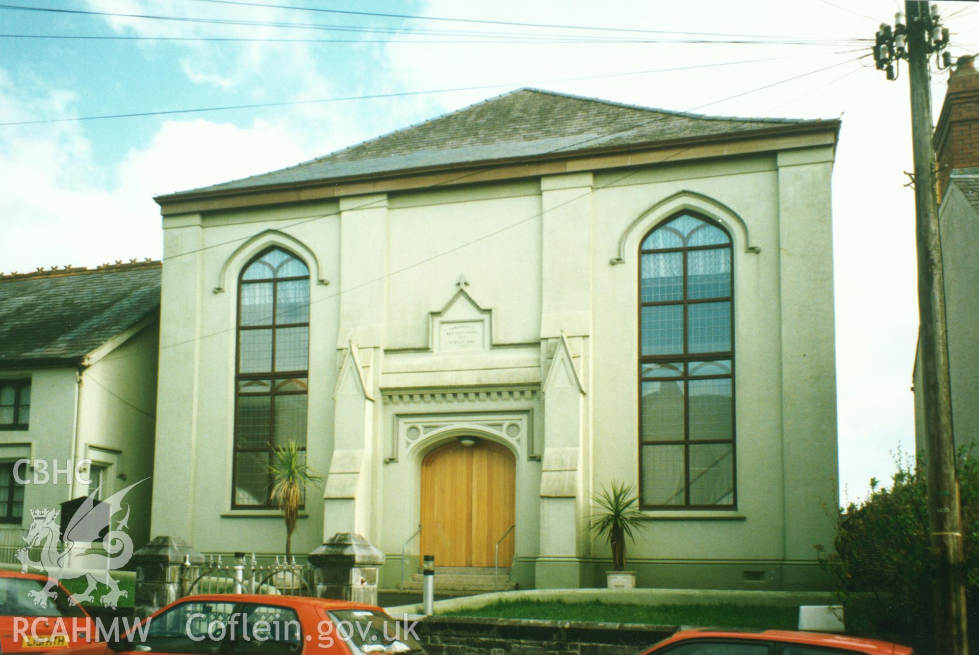 Digital copy of a colour photograph showing an exterior view of the  Tabernacl  Welsh Baptist Chapel, Carmarthen, taken by Robert Scourfield, undated.