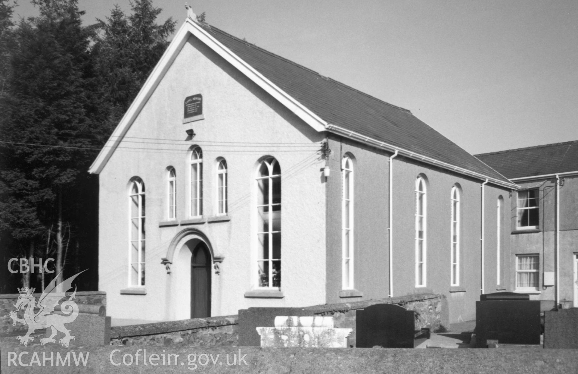 Digital copy of a black and white photograph showing an exterior view of Capel Newydd Calvinistic Methodist Chapel, Llanddarog, taken by Robert Scourfield, c.1996.