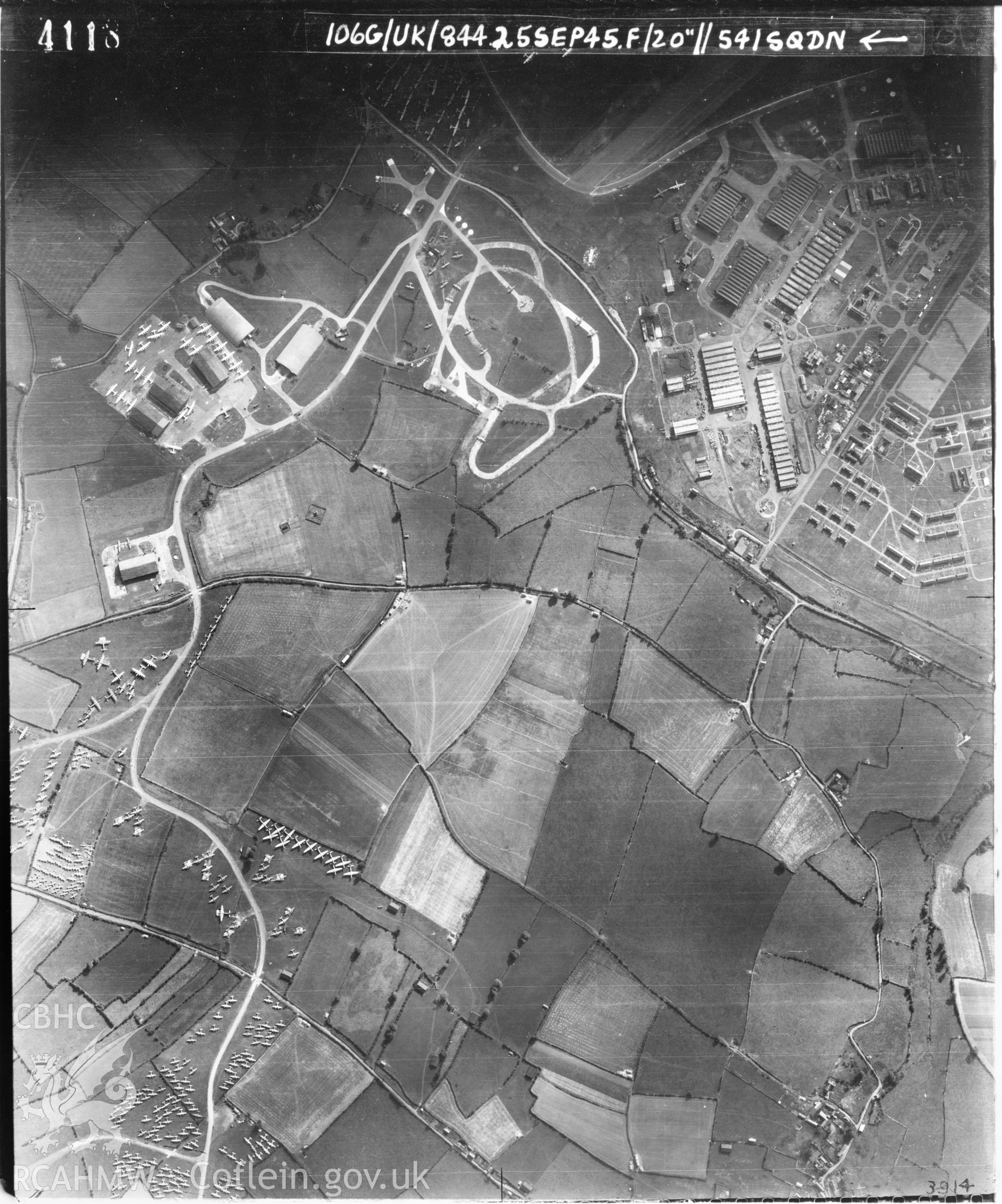 Black and white vertical aerial photograph taken by the RAF on 25/09/1945 centred on SS99206954 at a scale of 1:10000. The photograph includes part of Llan-maes community in The Vale of Glamorgan.