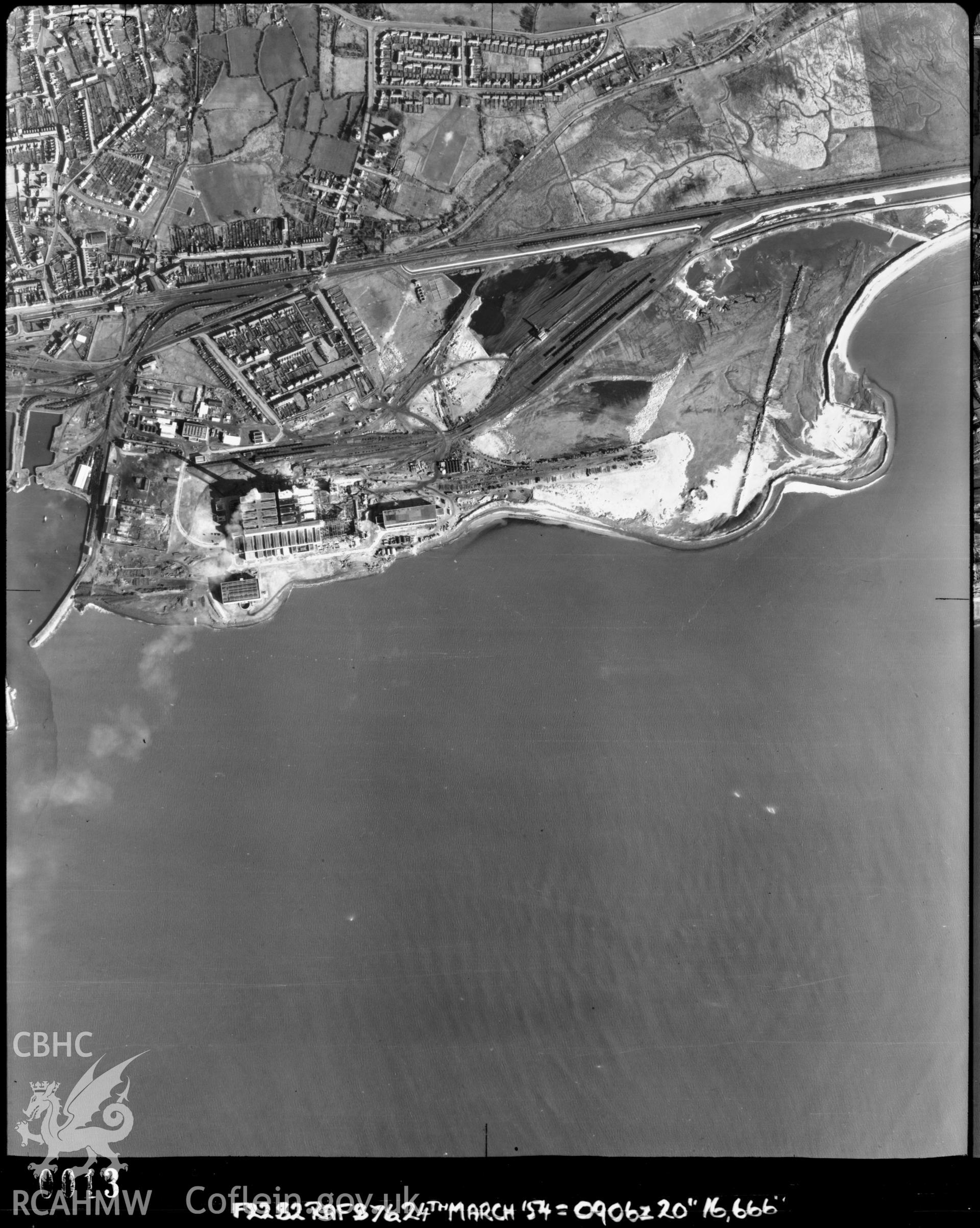 Black and white vertical aerial photograph, taken by the RAF, of Burry Port, 1954.