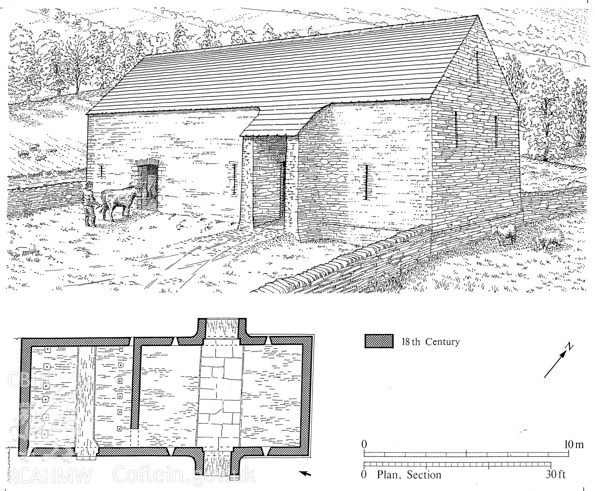 Ty Maen field barn, Glyncorrwg; copy of a plan and a perspective reconstruction drawing produced by Geoff Ward, c.1988
