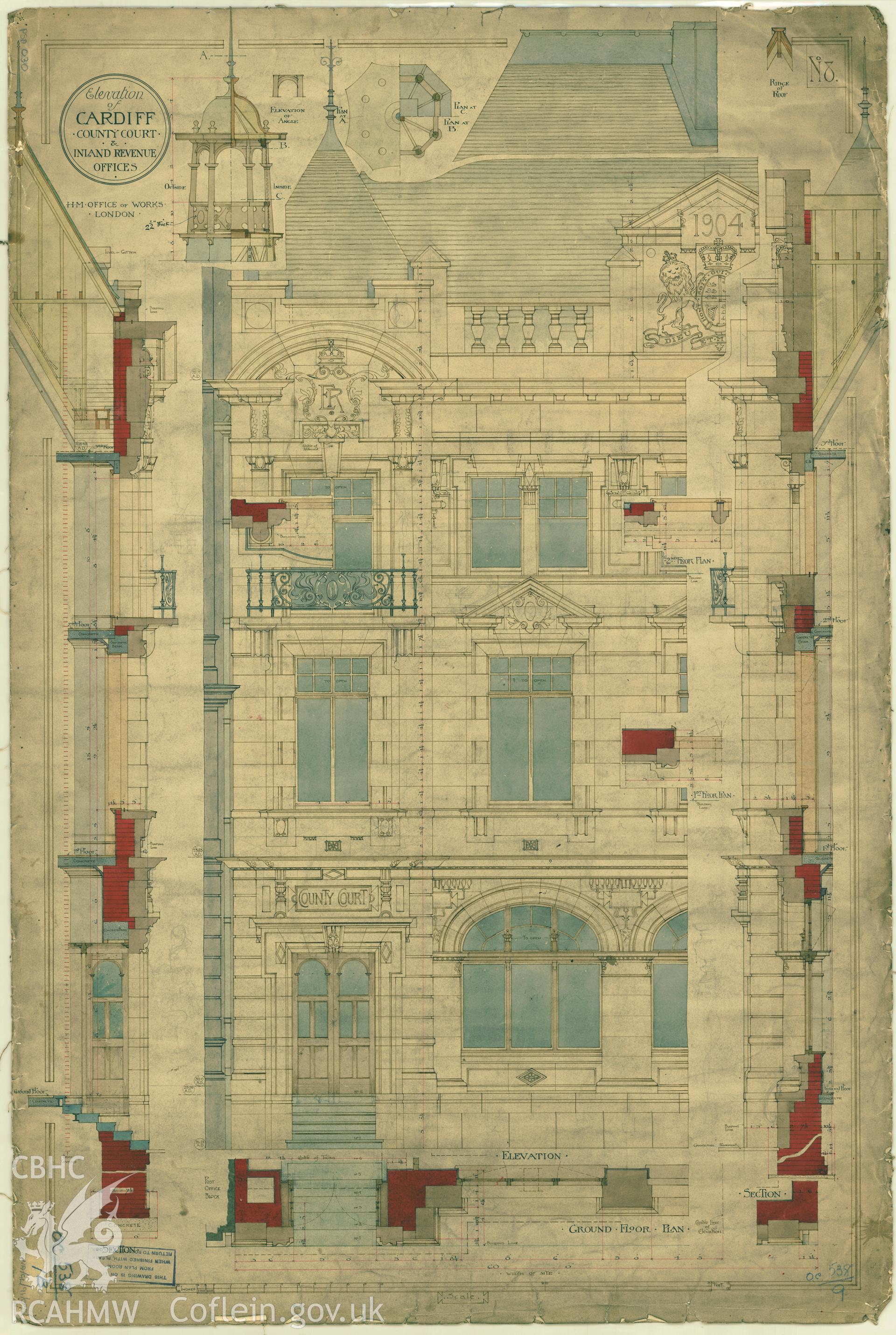 Cardiff Inland Revenue and County Court Offices; measured drawing showing elevation view, produced by H.M. Office of Works,  undated.