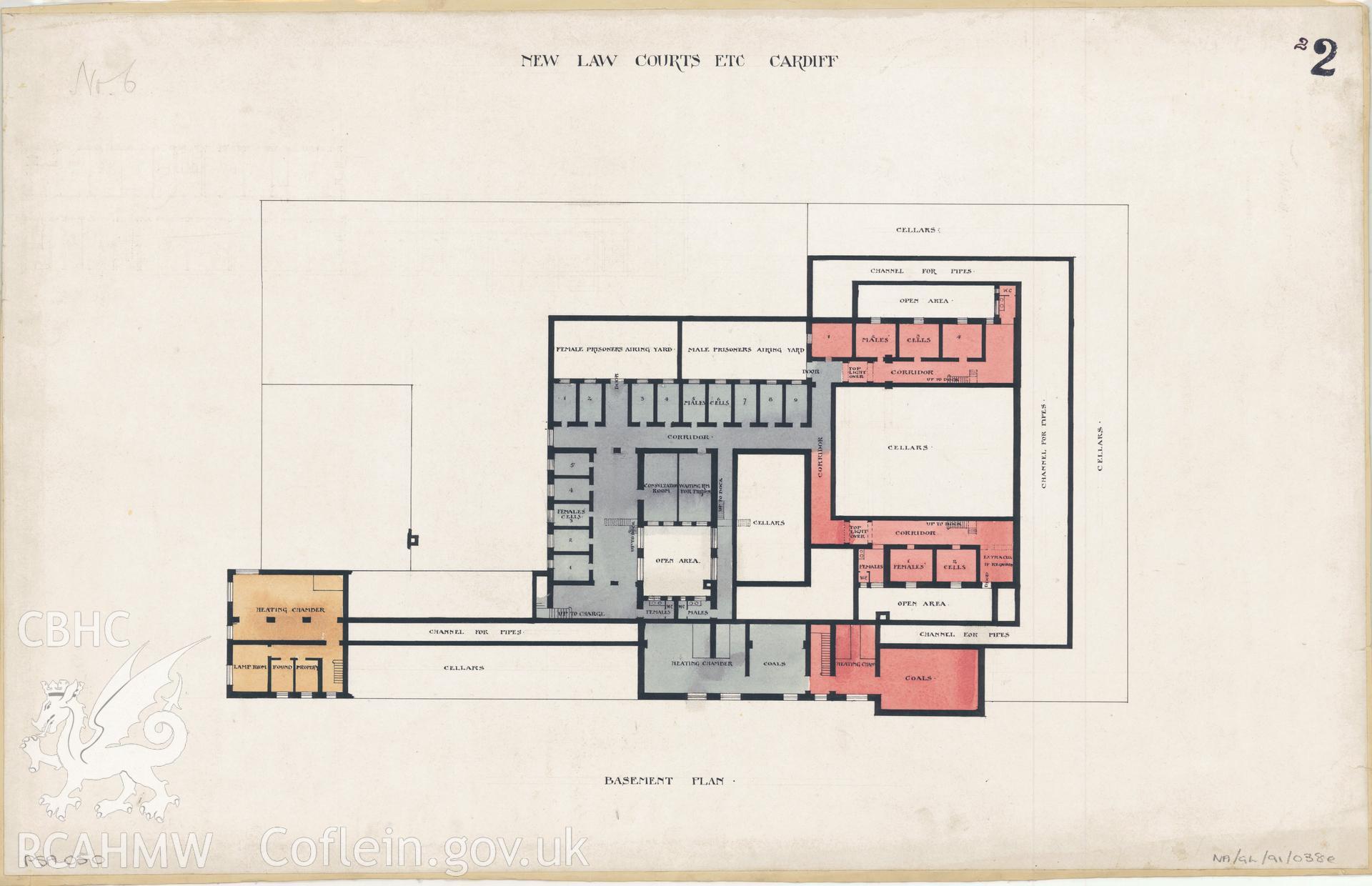Law Court, Cathays Park, Cardiff; measured drawing showing proposed basement plan submitted as  an entry in the 1897 competition to produce a design for the new Law Court.