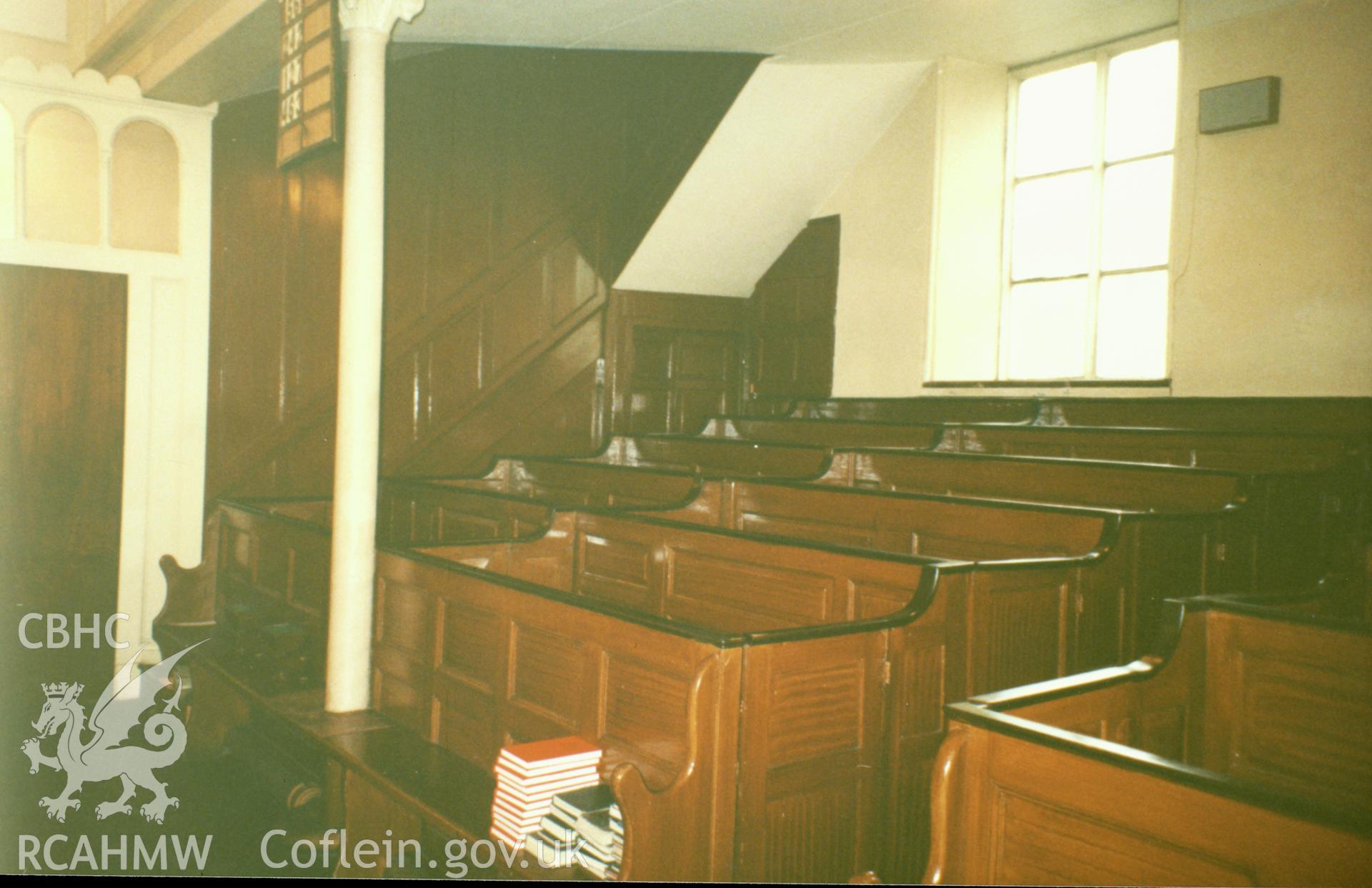 Digital copy of a colour photograph showing an interior view of Capel Heol y Dwr, Carmarthen, taken by Robert Scourfield, undated.