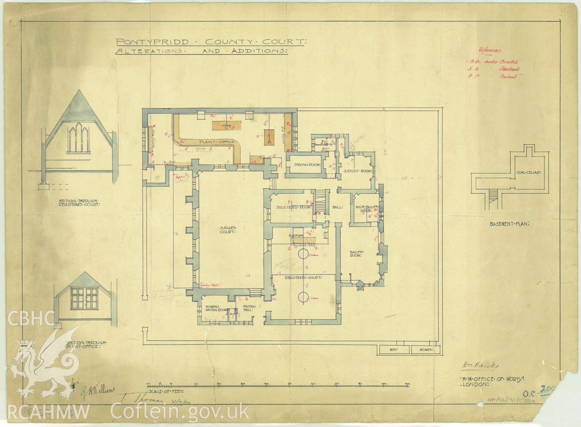 Court House, Pontypridd;  measured drawing showing plans of proposed alterations and additions, produced by H.M. Office of Works, 1904.