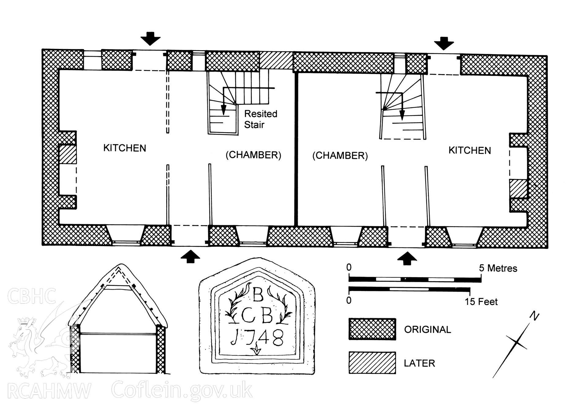 Banctainewydd, Pontyberem; measured drawing comprising plan, section view and detail drawing of a datestone, produced by C.W. Green, RCAHMW, 2008.