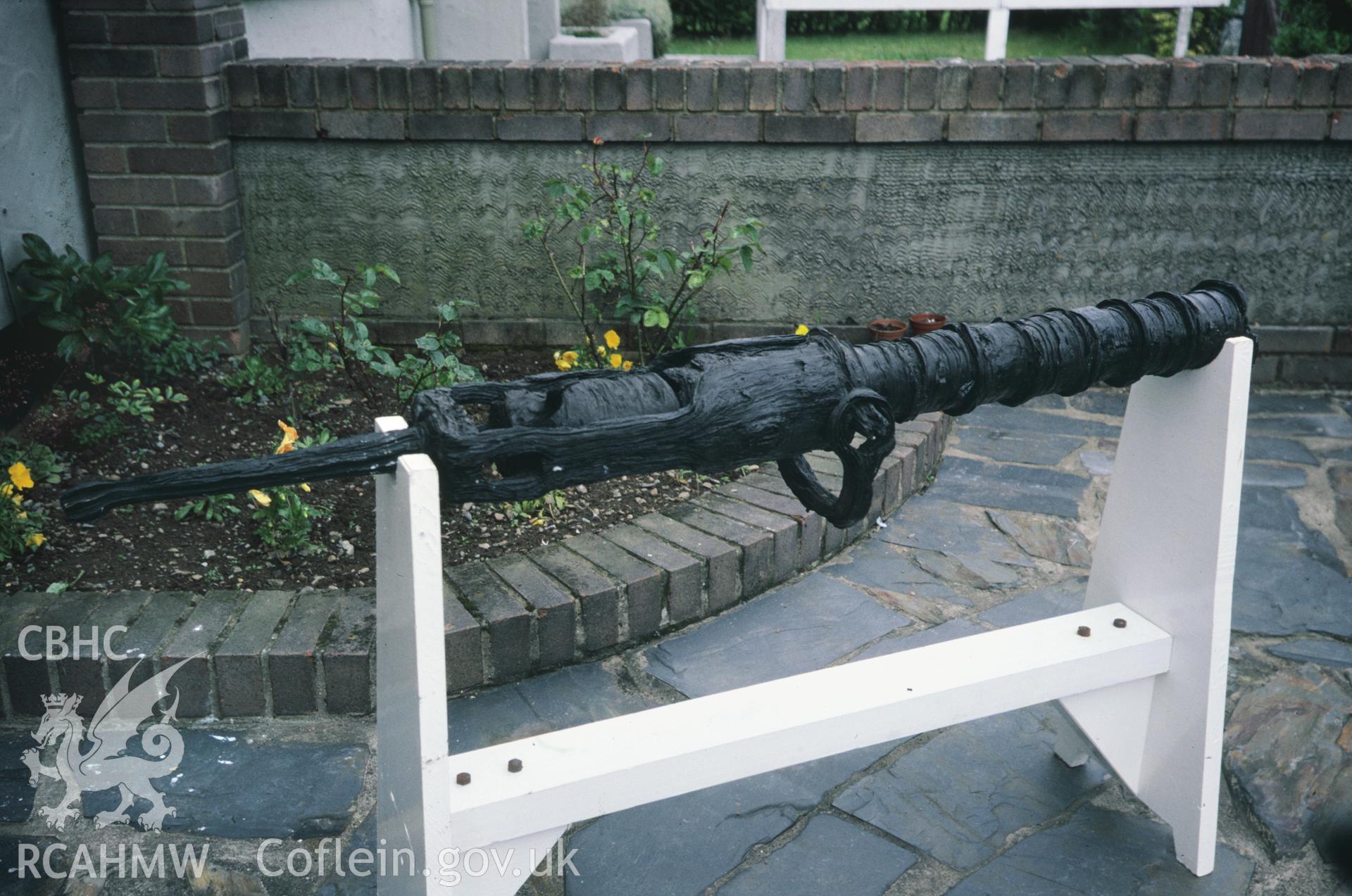 View showing breech loading gun recovered from the wreck and now in the care of the Royal Armouries Museum, one of a set of 41 colour slides from an underwater survey of the Tal-y-Bont designated shipwreck, carried out by the Archaeological Diving Unit.