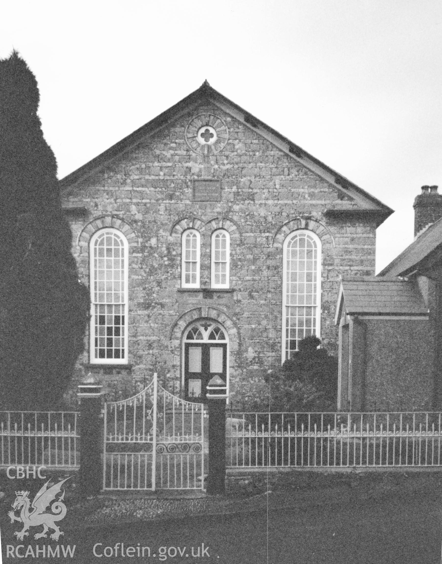 Digital copy of a black and white photograph showing an exterior view of Glan-rhyd  Welsh Calvinistic Methodist Chapel, taken by Robert Scourfield, c.1996.