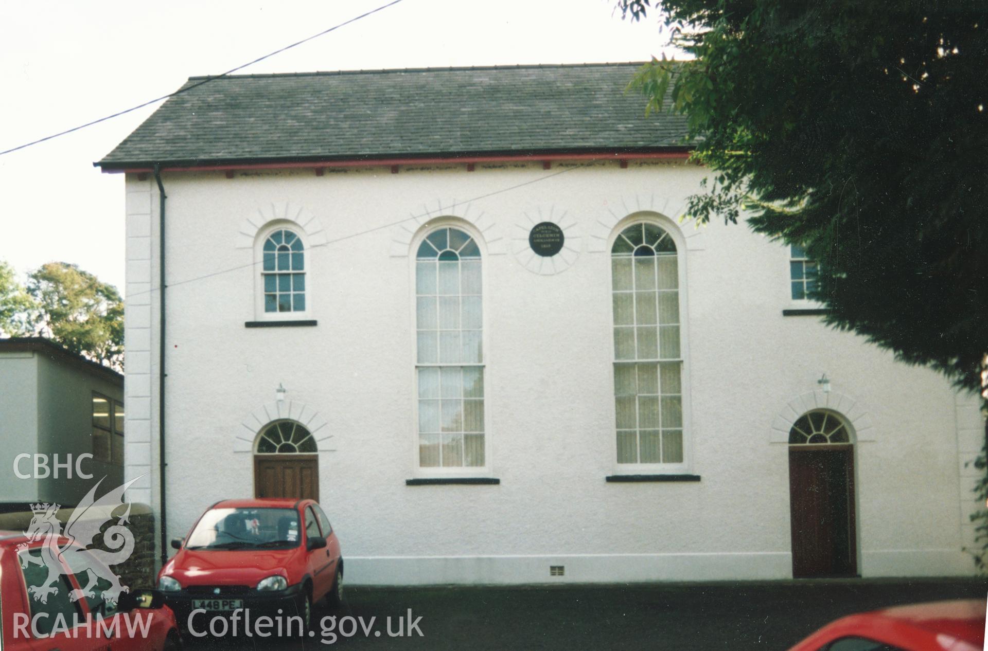 Digital copy of a colour photograph showing an exterior view of Seion Welsh Independent Chapel, Cilcennin,  taken by Robert Scourfield, c.1996.