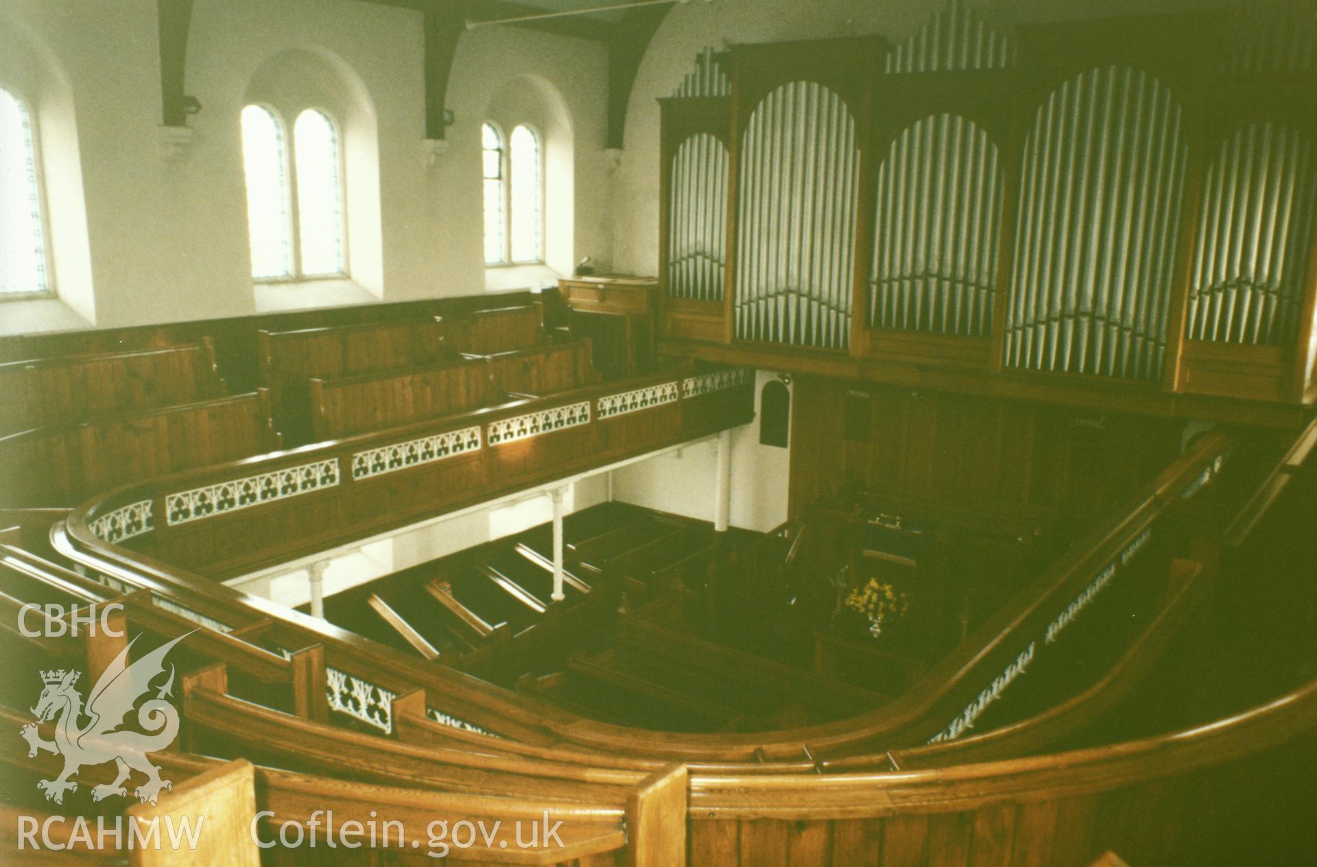 Digital copy of a colour photograph showing an interior view of Welsh Independent Chapel, Priory Street, Carmarthen, taken by Robert Scourfield, undated.