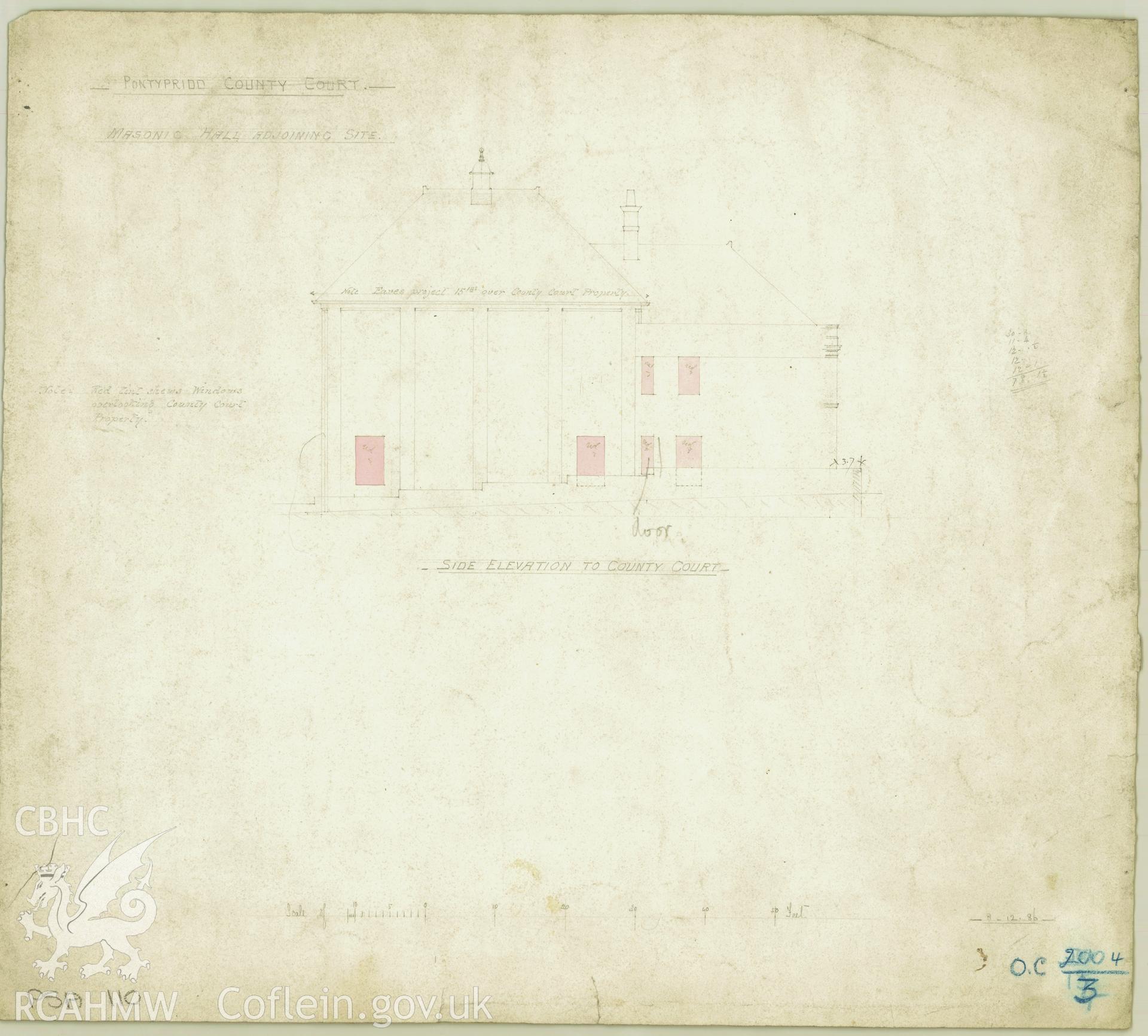 Court House, Pontypridd;  measured drawing showing side elevation, produced by H.M. Office of Works, 1886.