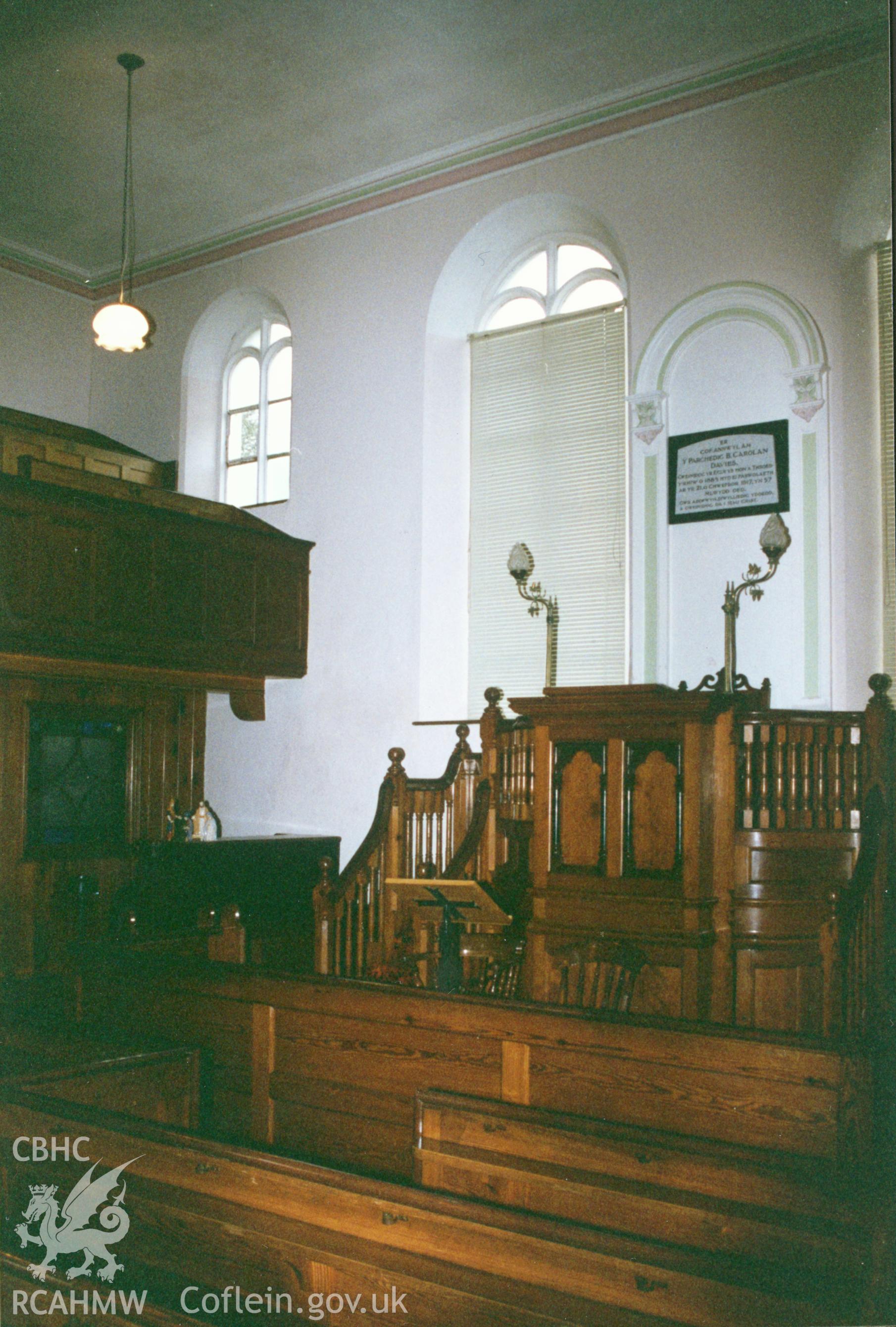 Digital copy of a colour photograph showing an interior view of Ty'ngwndwn Welsh Independent Chapel, Felin-fach, taken by Robert Scourfield, c.1996.
