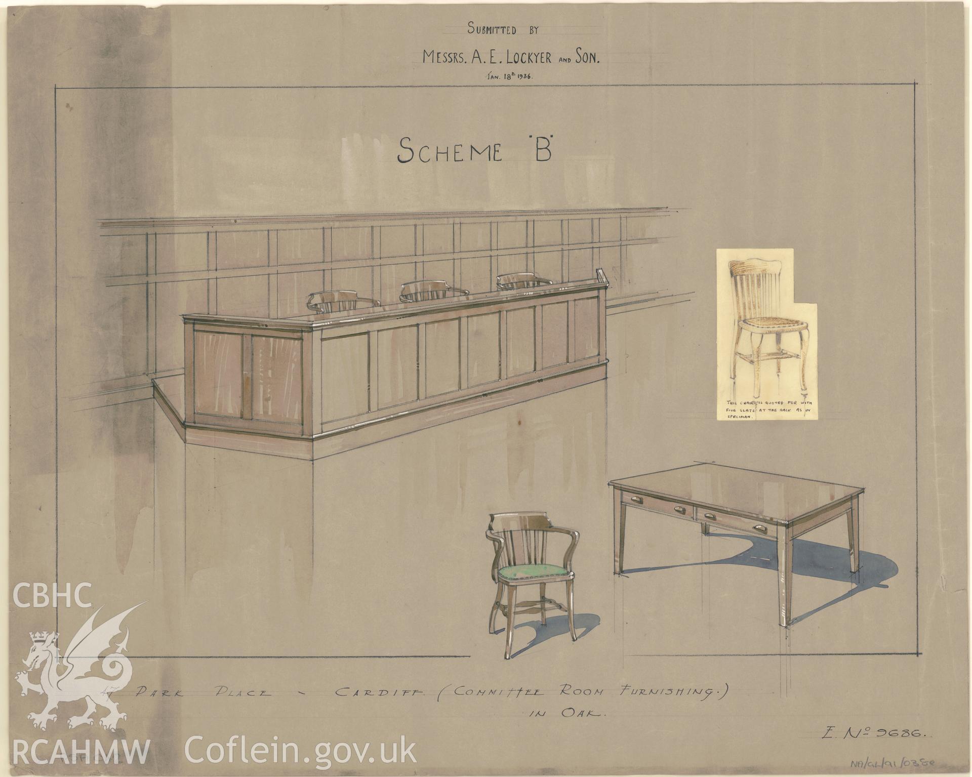 47 Park Place, Cardiff; measured drawing showing proposed furniture and fittings for the committee room,  produced by  Messrs A.E. Lockyer and Son, 1936