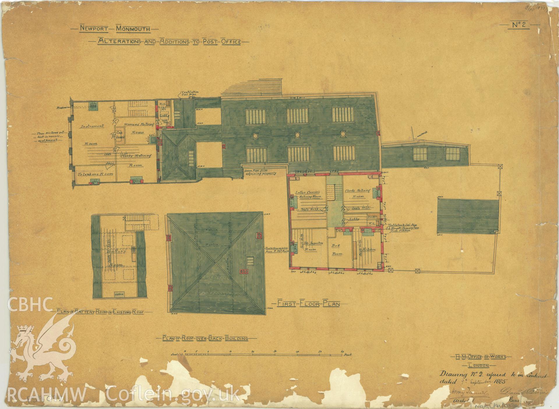 Head Post Office, High Street, Newport;  measured drawing showing first floor plan, roof plan and plan of battery room, produced by H.M. Office of Works, c.1885