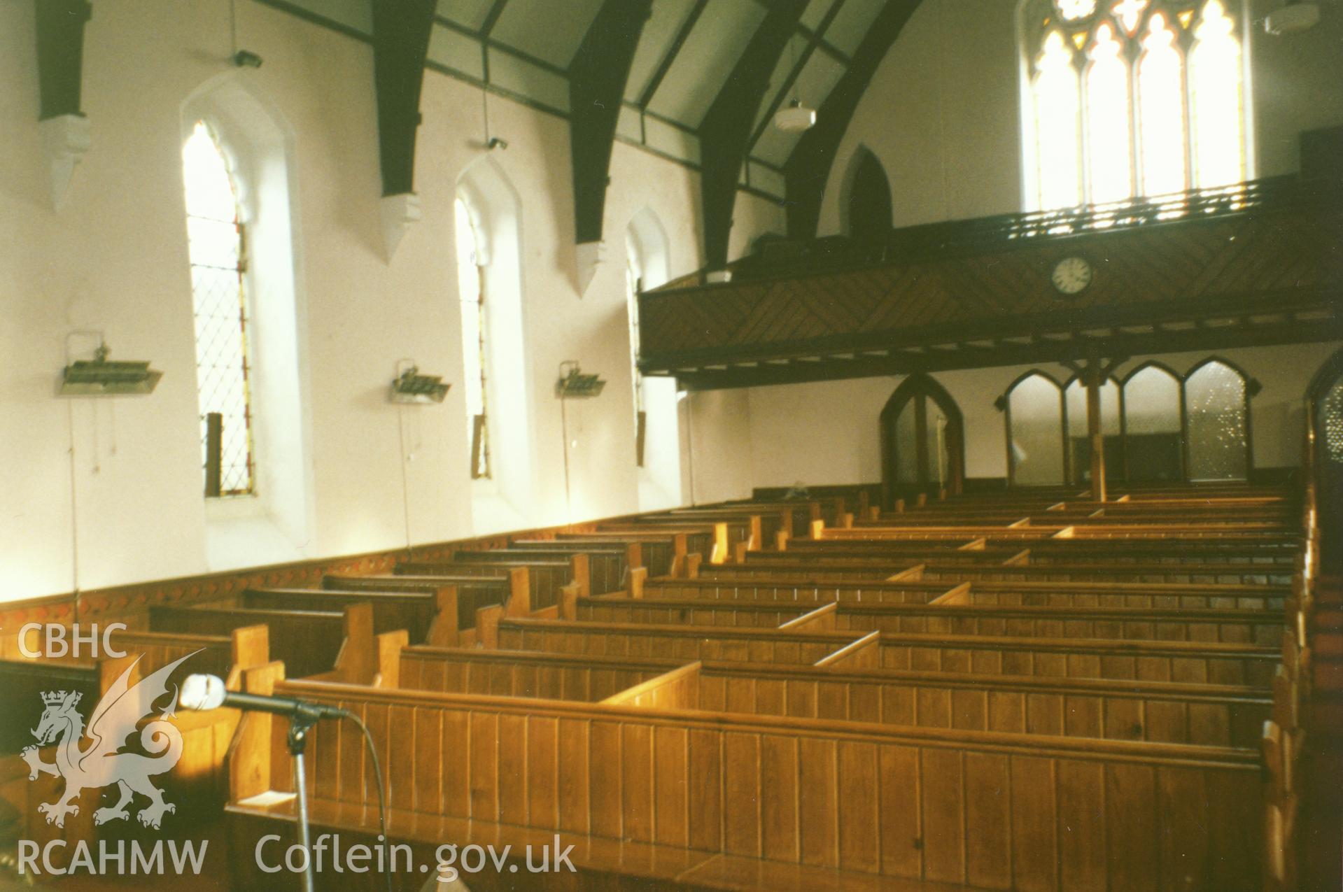 Digital copy of a colour photograph showing an interior view of the English Congregational Church, Carmarthen, taken by Robert Scourfield, undated.