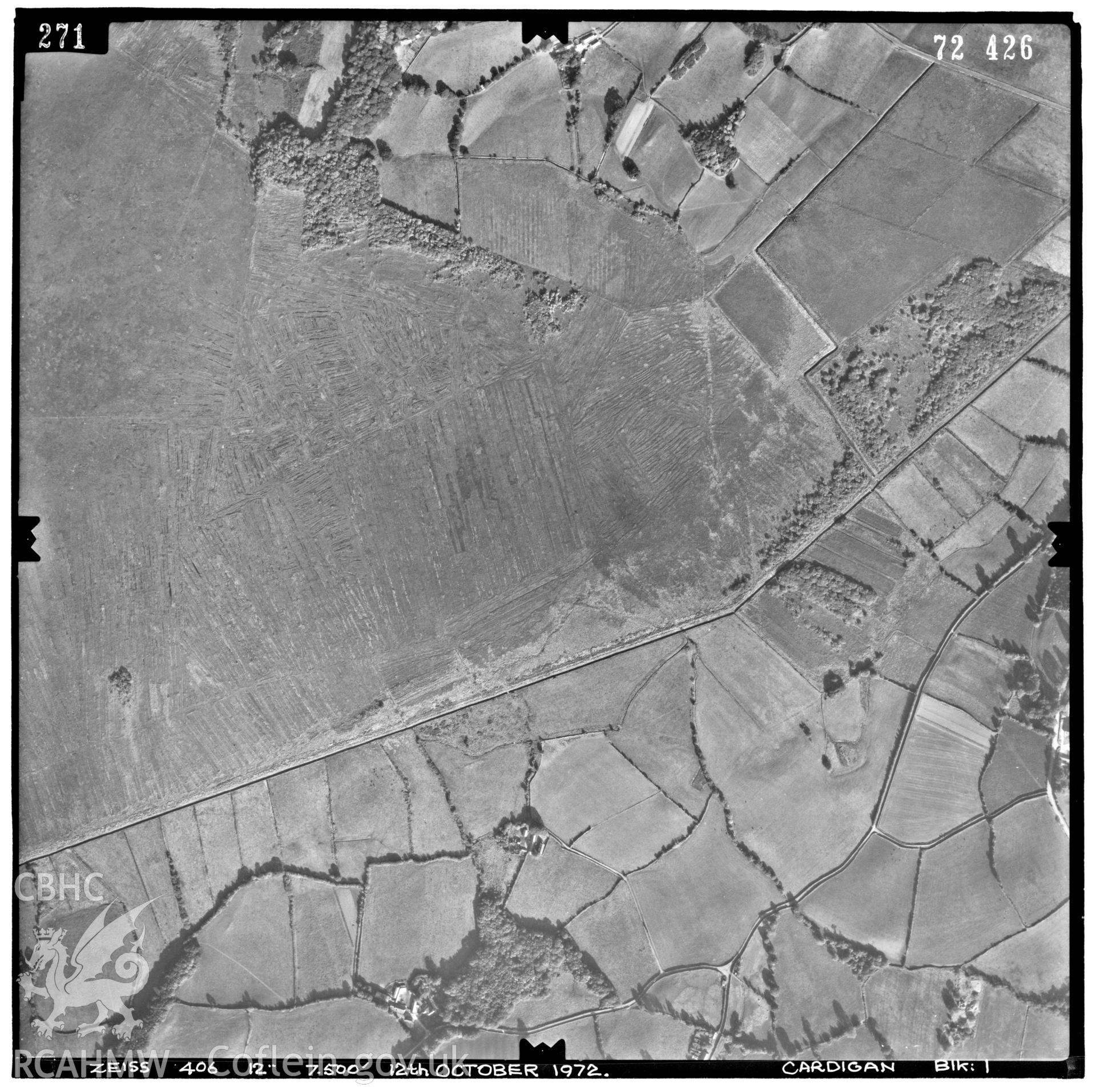 Digitized copy of an aerial photograph showing the Cors Fochno area, Ceredigion, taken by Ordnance Survey, 1972.