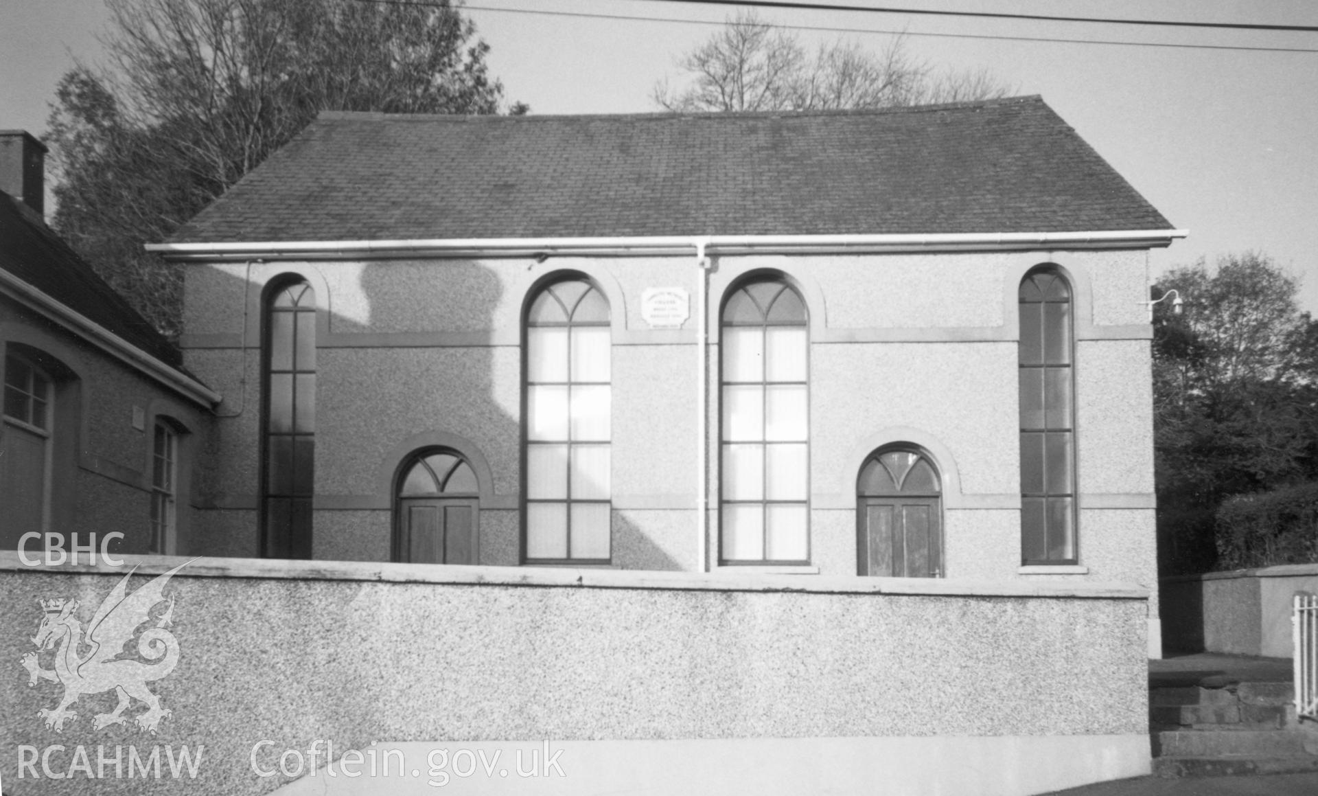 Digital copy of a black and white photograph showing an exterior view of Cross Inn Welsh Calvinistic Methodist Chapel,  Court Henry, taken by Robert Scourfield, c.1996.