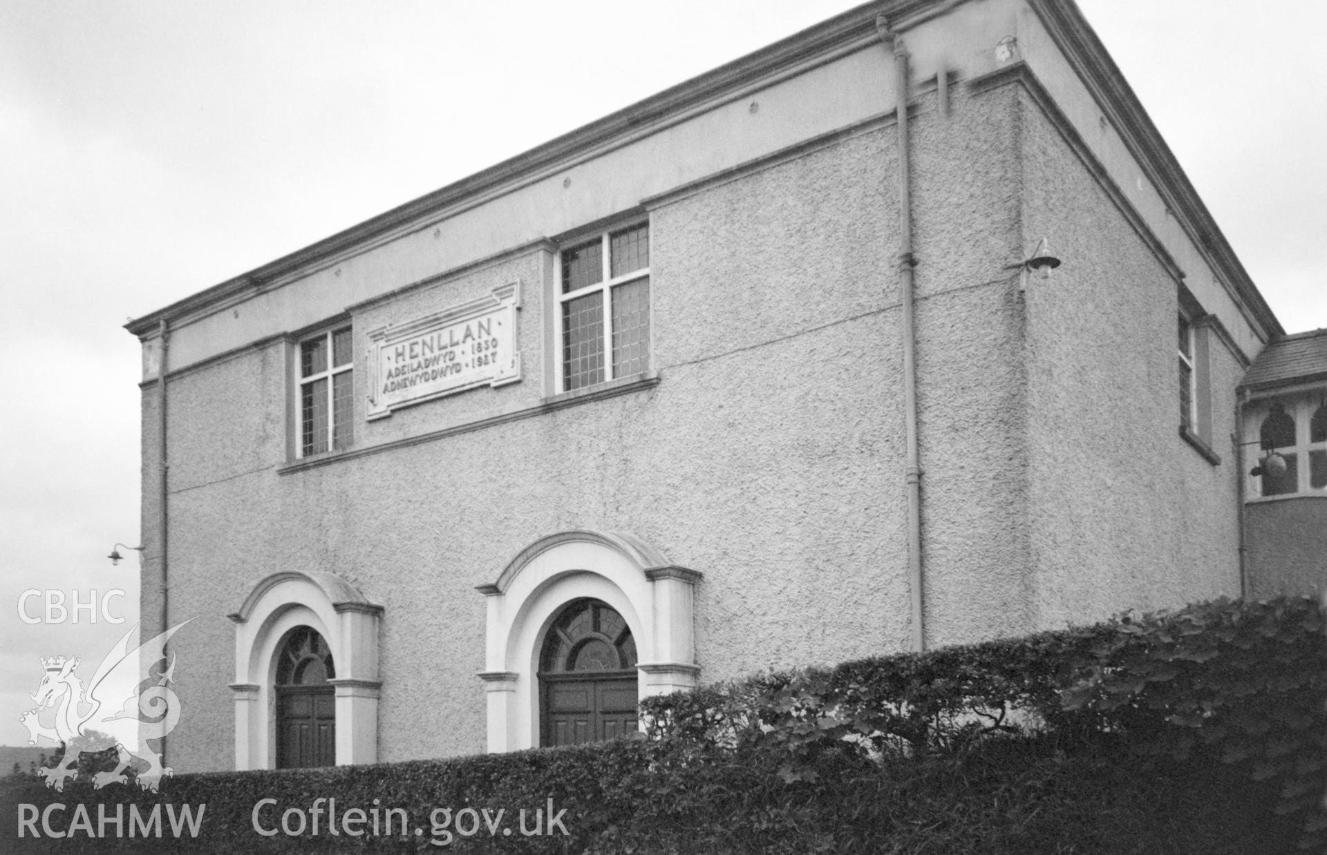 Digital copy of a black and white photograph showing an exterior view of Henllan Amgoed Congregational  Chapel,  taken by Robert Scourfield, c.1996.