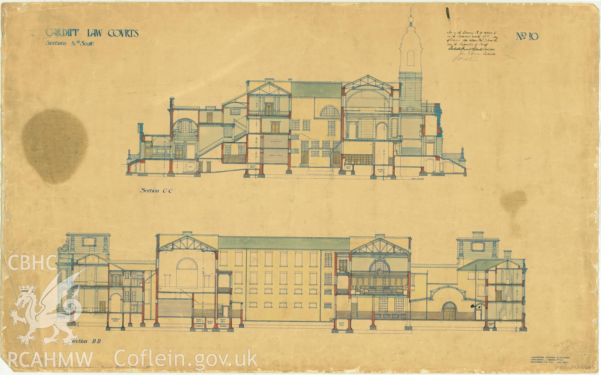 Law Court, Cathays Park, Cardiff; measured drawing showing section views, produced by Lanchester Stewart and Rickards, 1899.