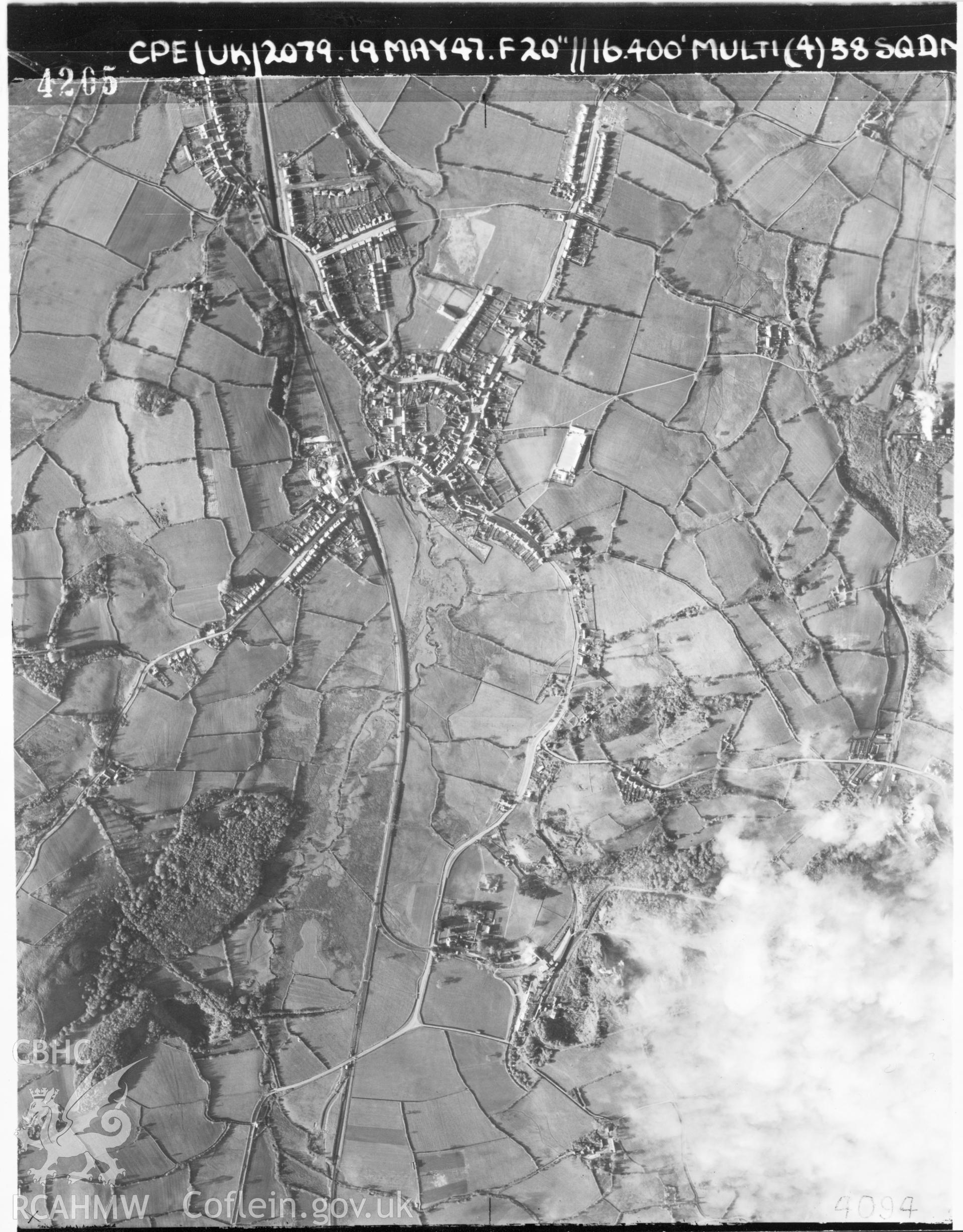 Black and white vertical aerial photograph taken by the RAF on 17/05/1947 centred on SO03372653 at a scale of 1:10000. The photograph includes Llandubie and part of Glyn Tarell community in Powys.