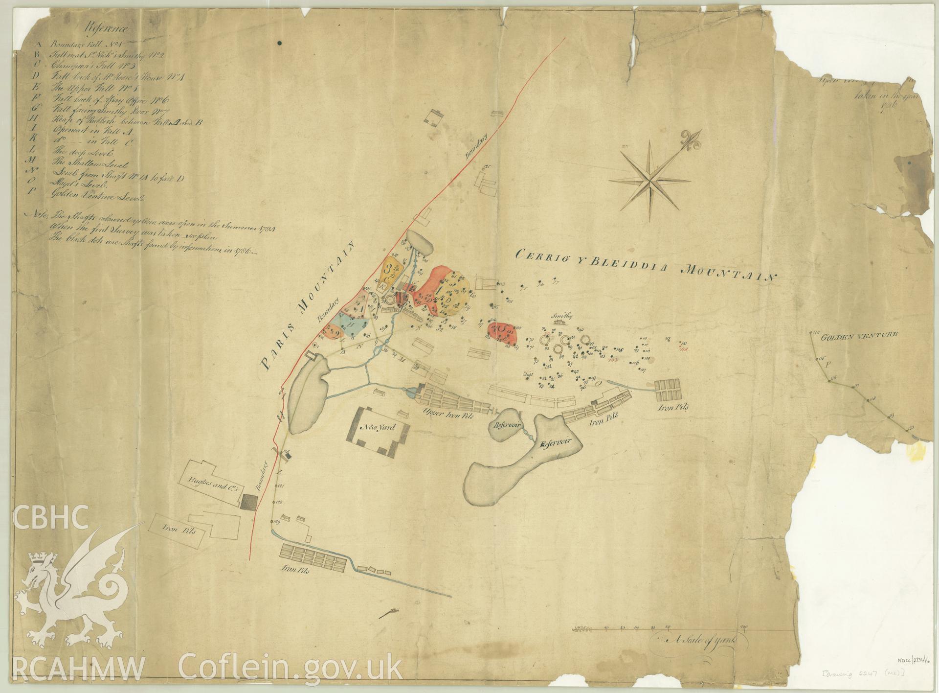 Copy of a non RCAHMW drawing, dated 1786 showing site plan of Parys Mountain Copper Mine.