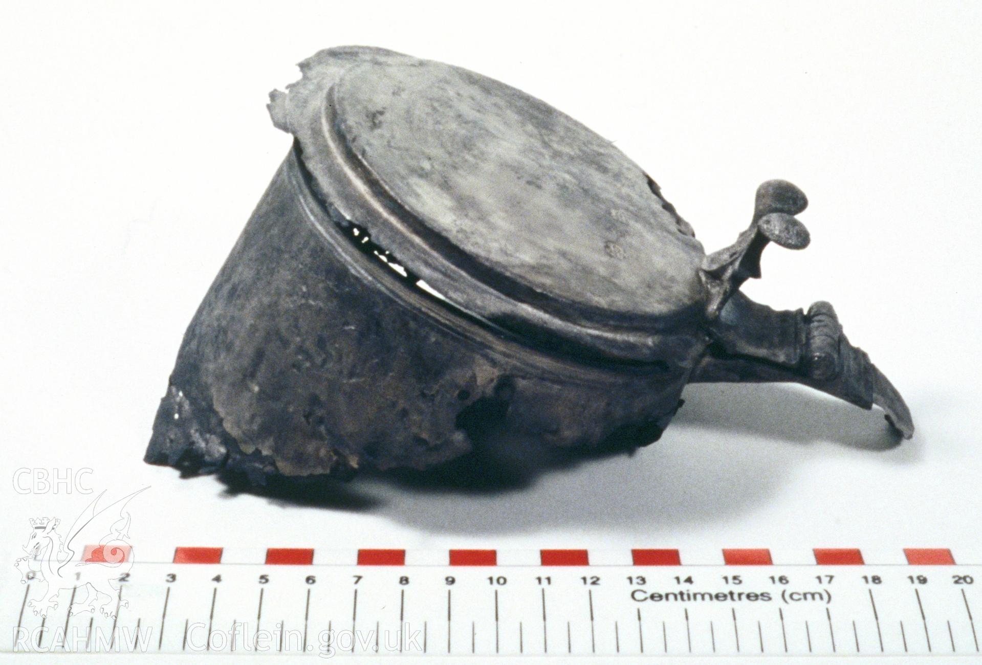 Colour slide showing find from site, part of tankard, from a survey of the Mary designated shipwreck, courtesy of National Museums, Liverpool (Merseyside Maritime Museum)