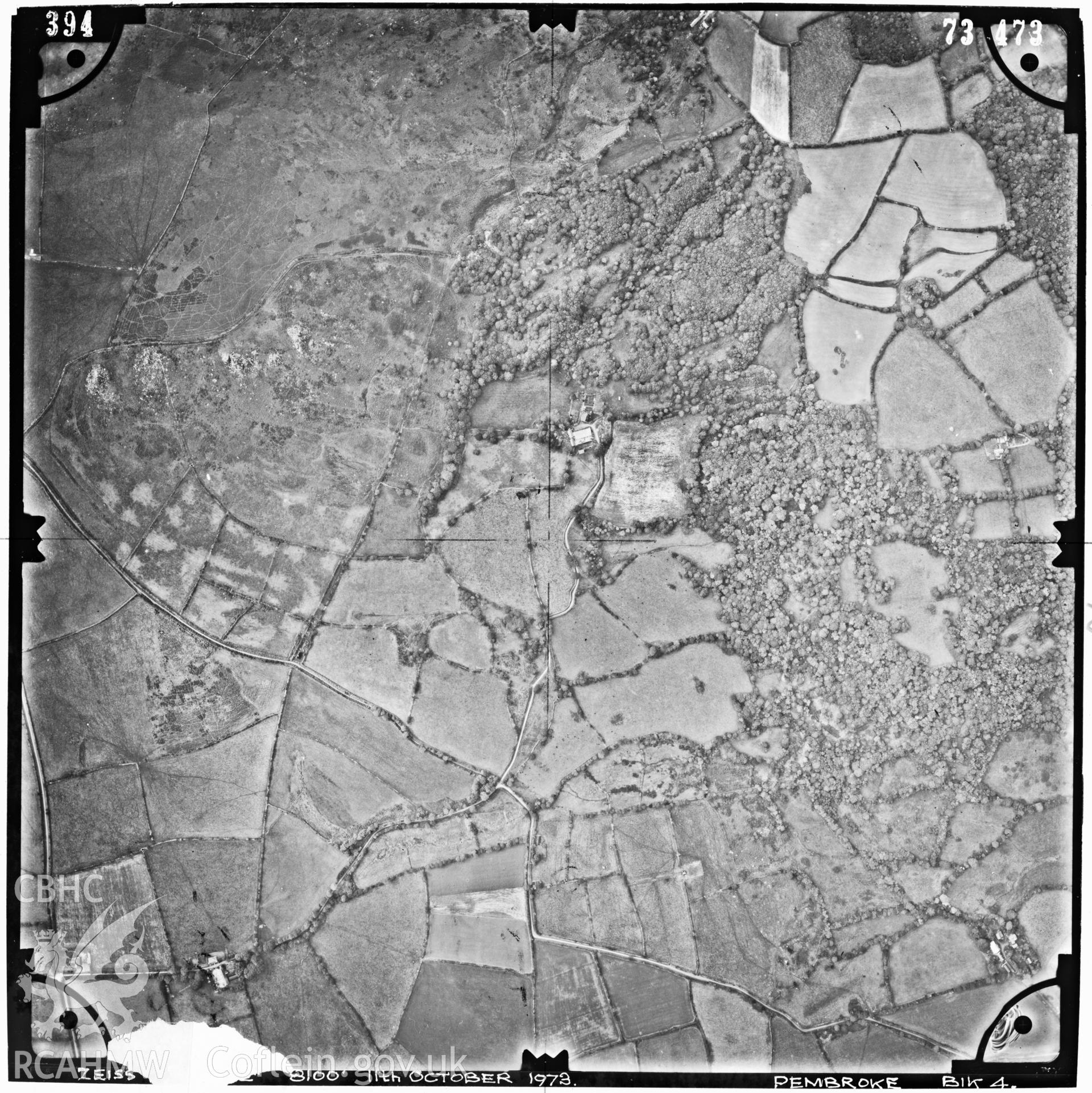 Digitized copy of an aerial photograph showing the area around Pentre Evan Wood near Nevern, taken by Ordnance Survey, 1973.