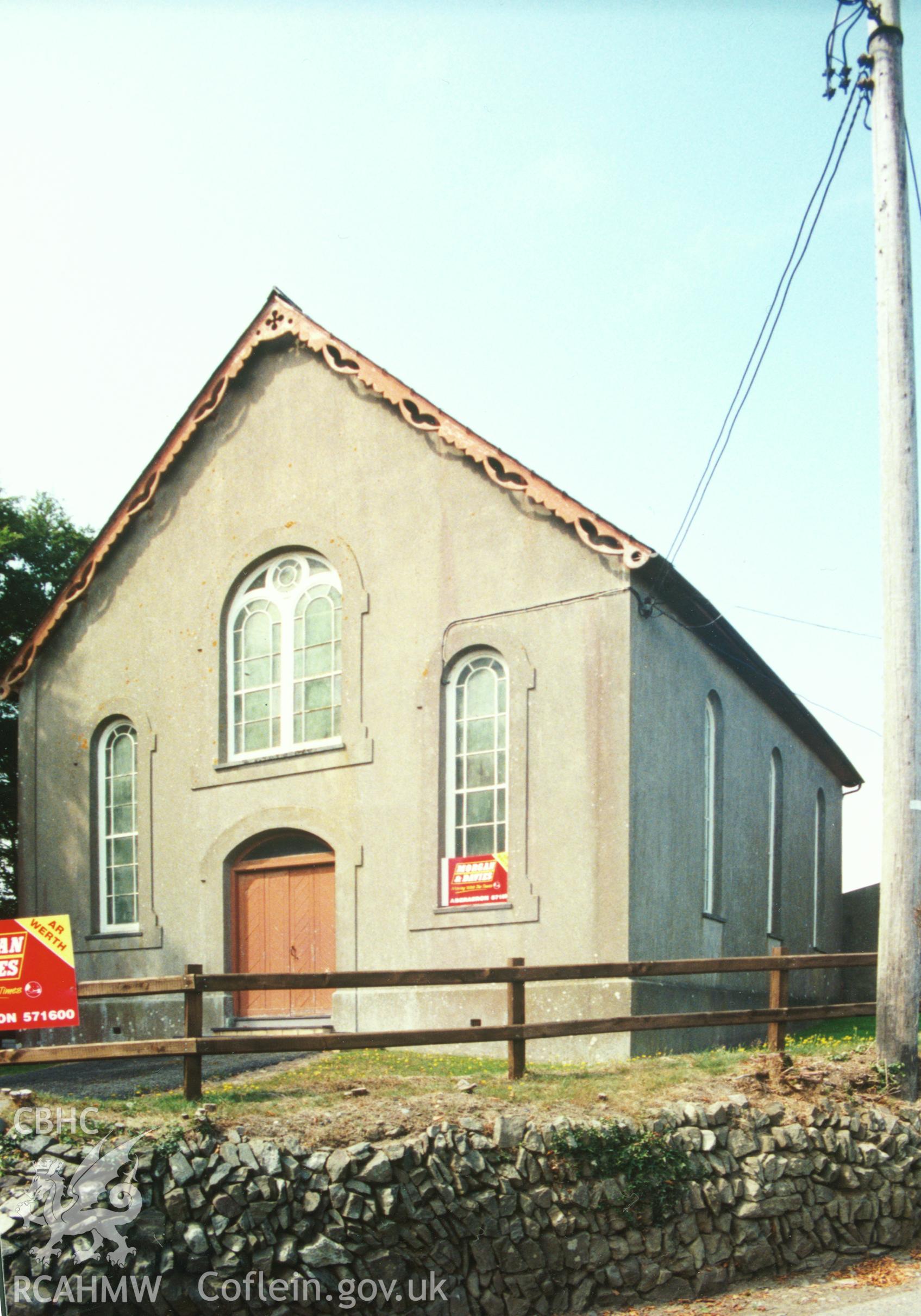 Digital copy of a colour photograph showing an exterior view of Neuadd Welsh Calvinistic Methodist Chapel, Nanternis, taken by Robert Scourfield, c.1996.