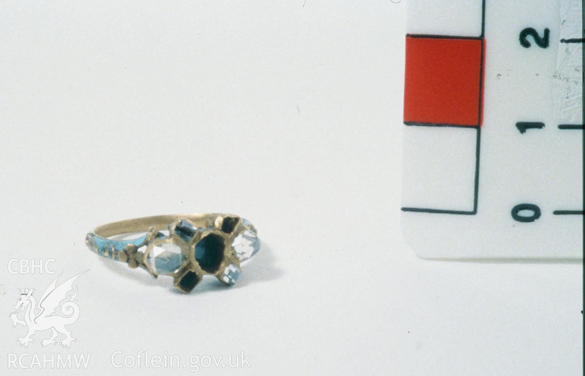 Colour slide showing find, a gold finger ring, from a survey of the Mary designated shipwreck, courtesy of National Museums, Liverpool (Merseyside Maritime Museum)