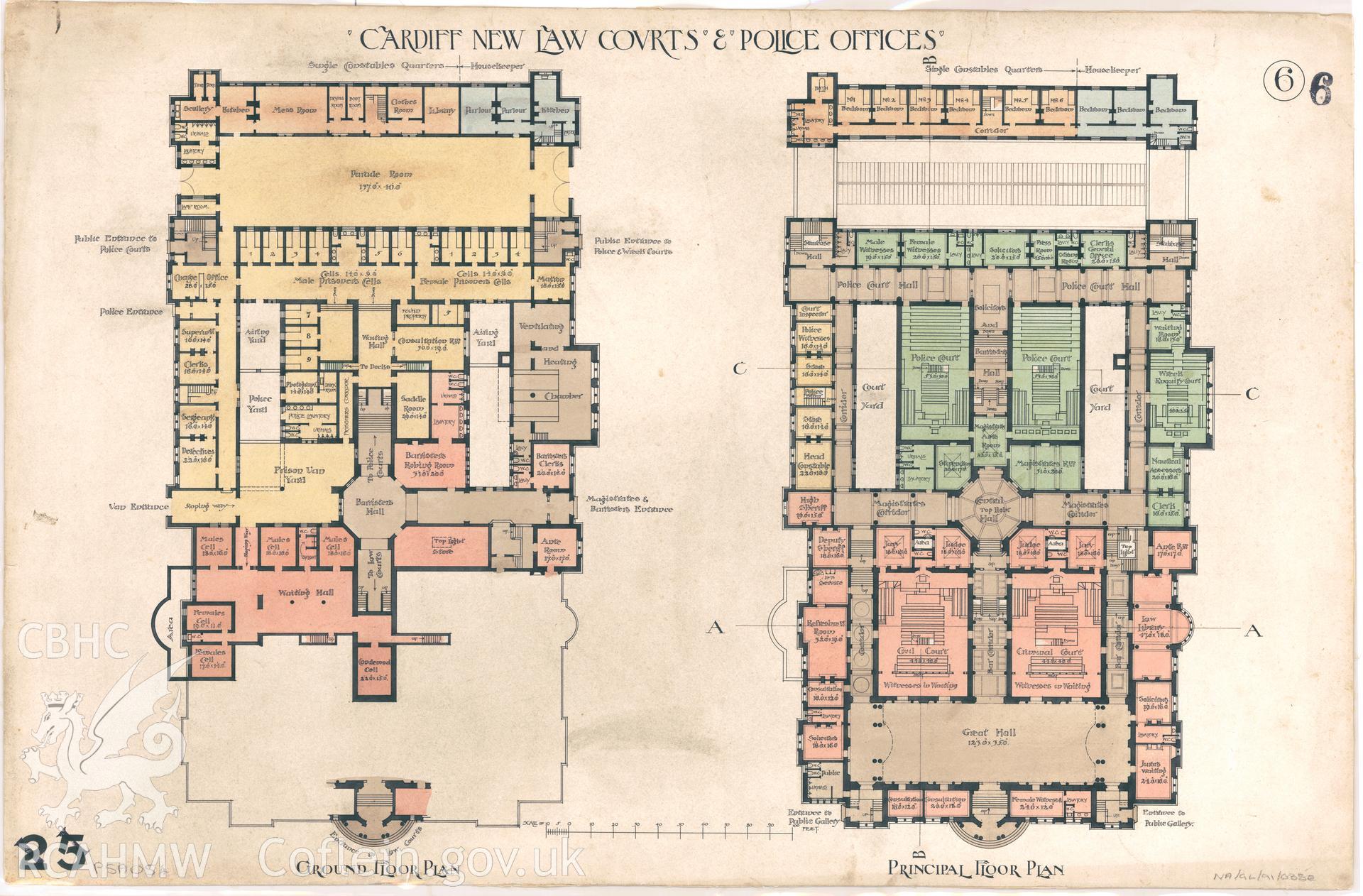 Law Court, Cathays Park, Cardiff; measured drawing showing proposed ground floor plan and principal floor plan, submitted as an entry in the 1897 competition to produce a design for the new Law Court.