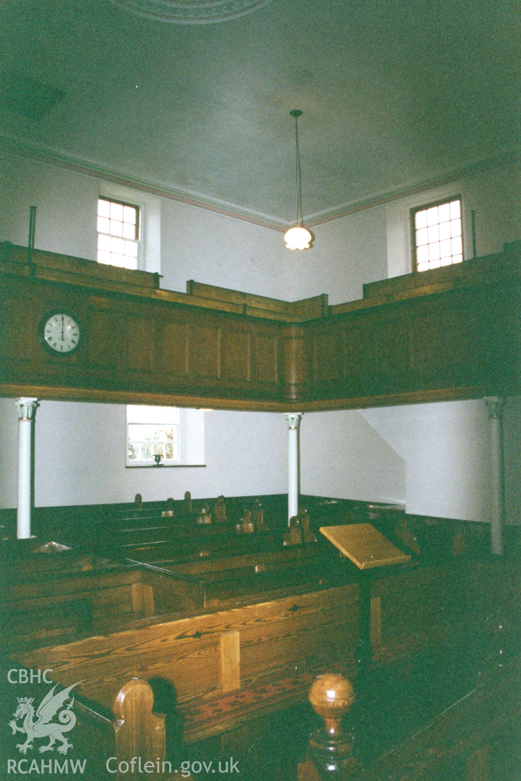Digital copy of a colour photograph showing an interior view of Ty'ngwndwn Welsh Independent Chapel, Felin-fach, taken by Robert Scourfield, c.1996.