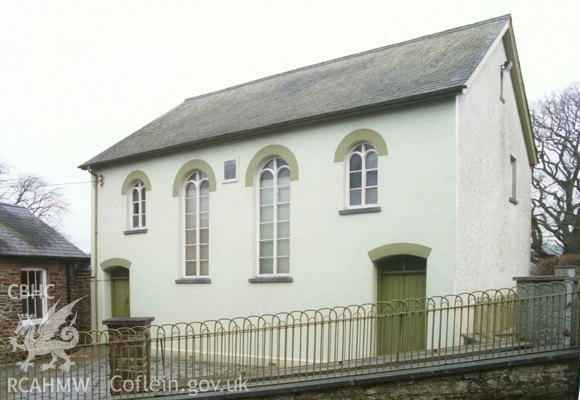 Digital copy of a colour photograph showing an exterior view of Ty'ngwndwn Welsh Independent Chapel, Felin-fach, taken by Robert Scourfield, c.1996.