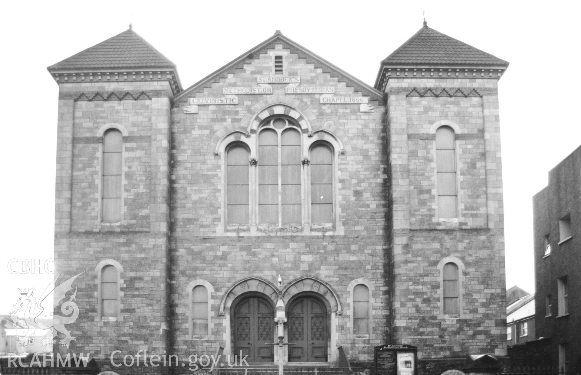 Digital copy of a black and white photograph showing an exterior view of St Andrews English Presbyterian Church, Pembroke Dock,  Llangathen, taken by Robert Scourfield, c.1996.