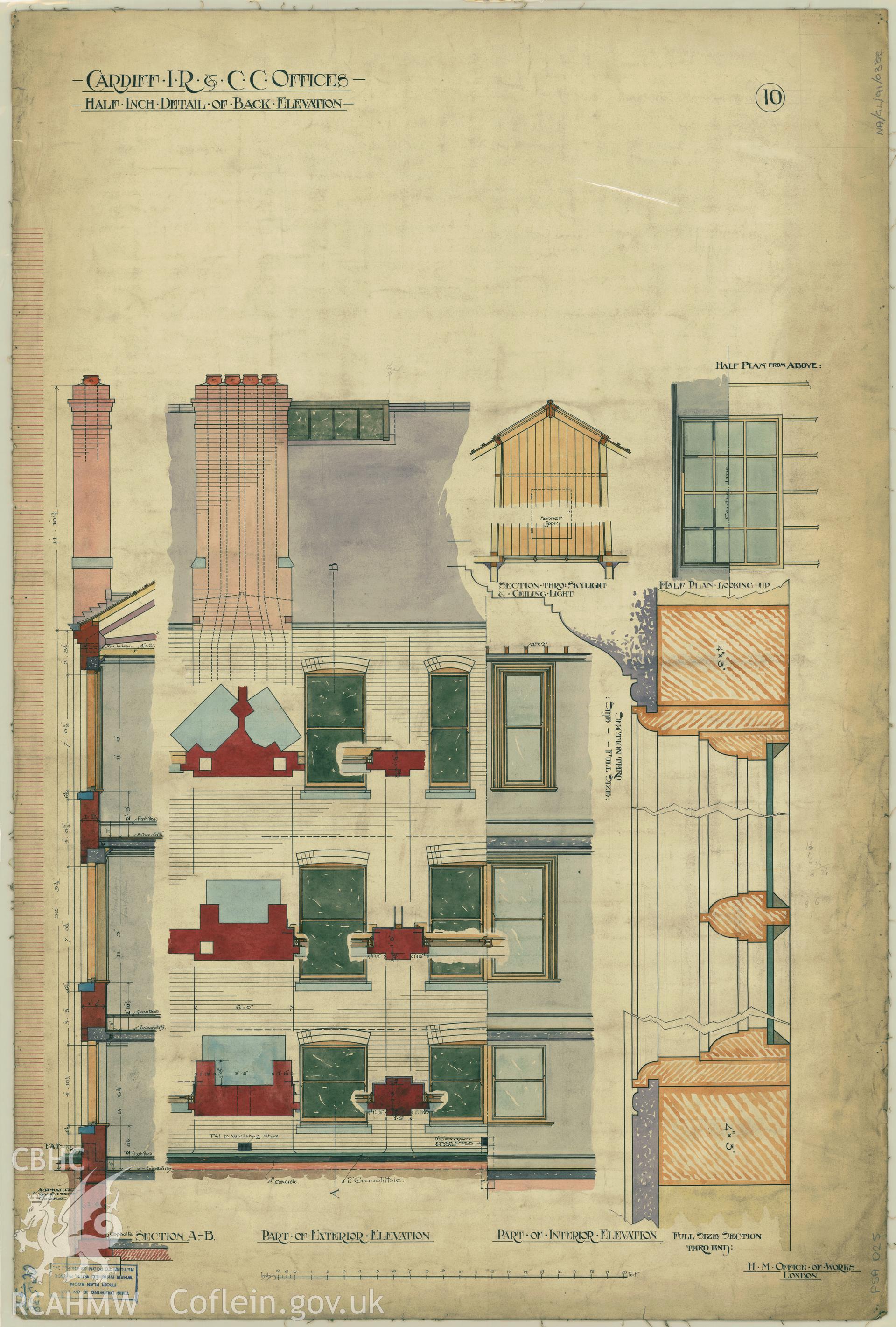 Cardiff Inland Revenue and County Court Offices; measured drawing showing detail of back elevation,  produced by H.M. Office of Works,  undated.