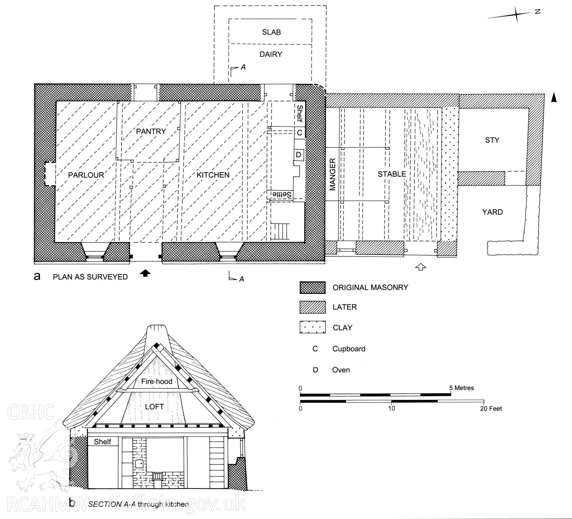 Pant-y-Wilco, Llanwnnen; measured drawing comprising plan and section view produced by C.W. Green, RCAHMW, 2008.