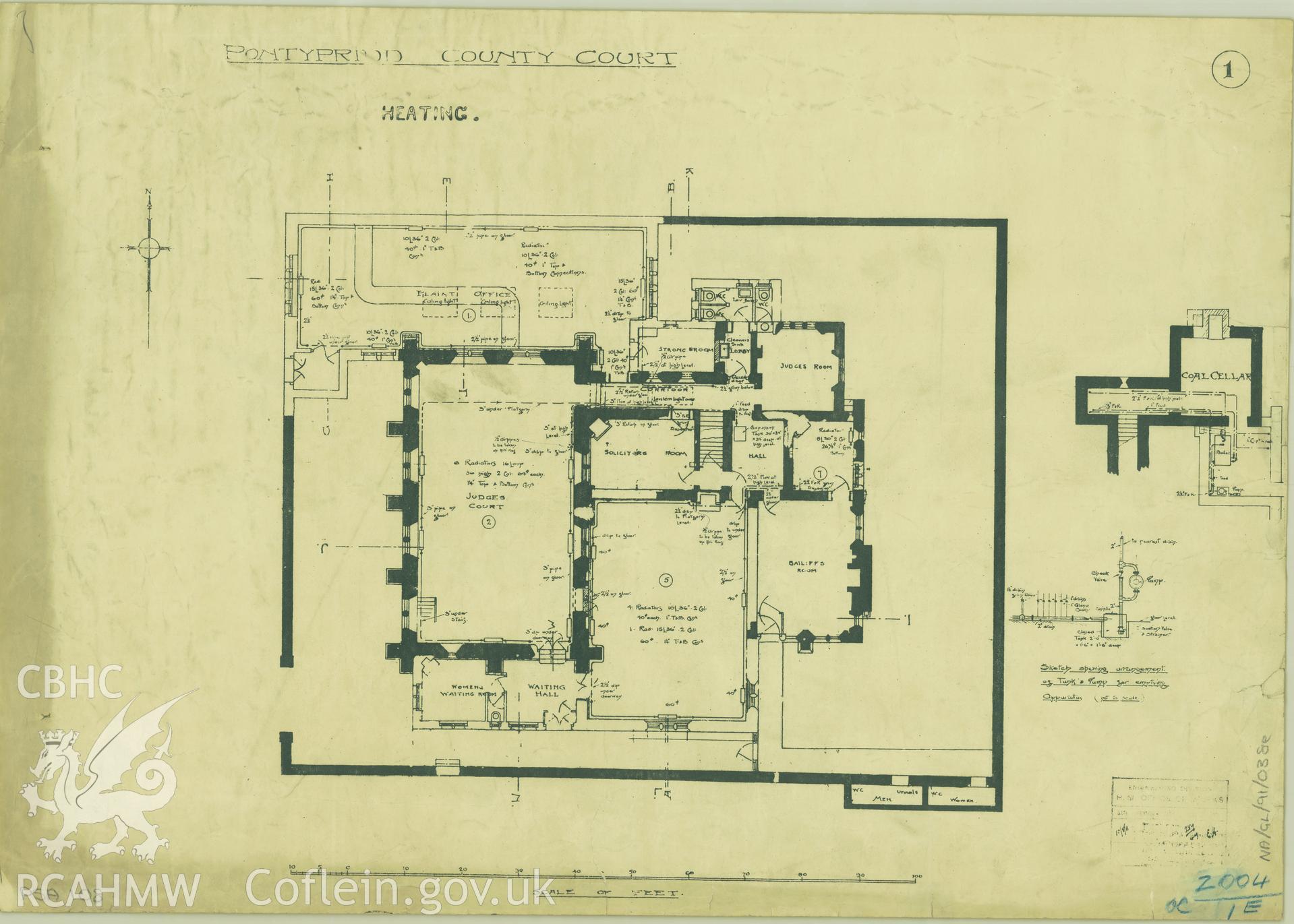 Court House, Pontypridd;  measured drawing showing detail of heating system on ground floor plan, produced by H.M. Office of Works, undated.