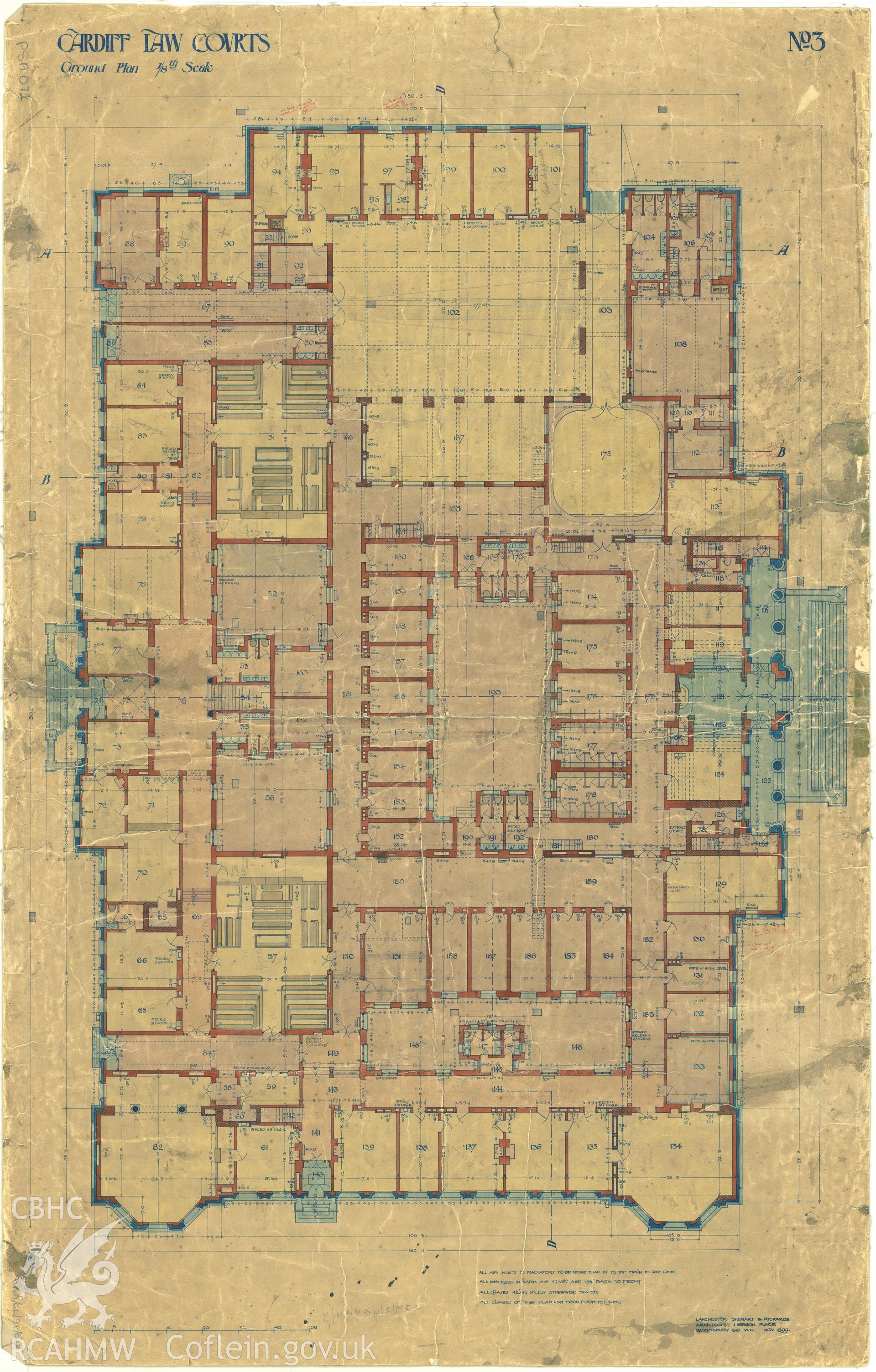 Law Court, Cathays Park, Cardiff; measured drawing showing ground floor plan, produced by Lanchester Stewart and Rickards, 1899.