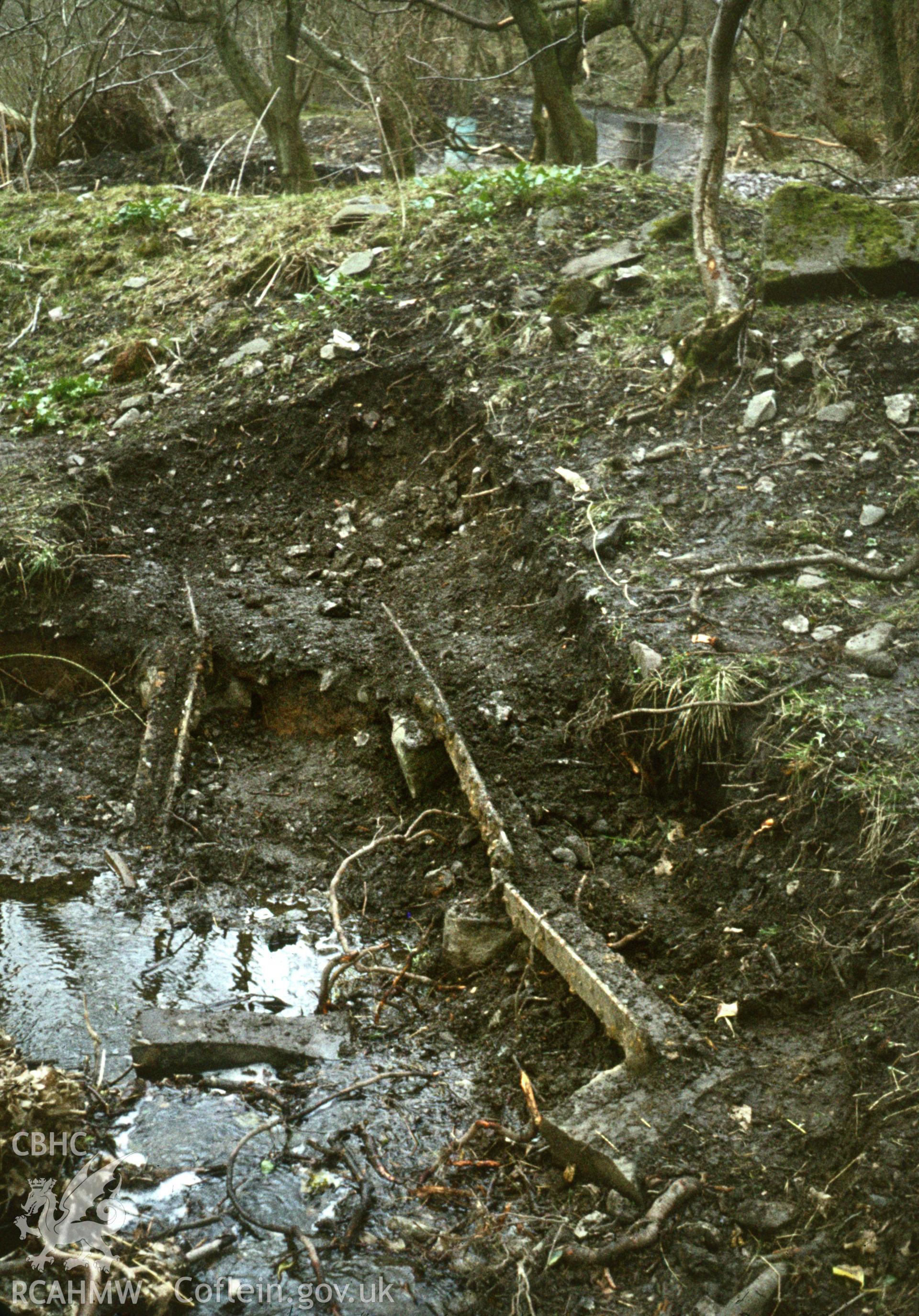 Tramroad plate and blocks excavated at Abercraf Ironworks; colour slide taken by Peter Wakelin, 1979.